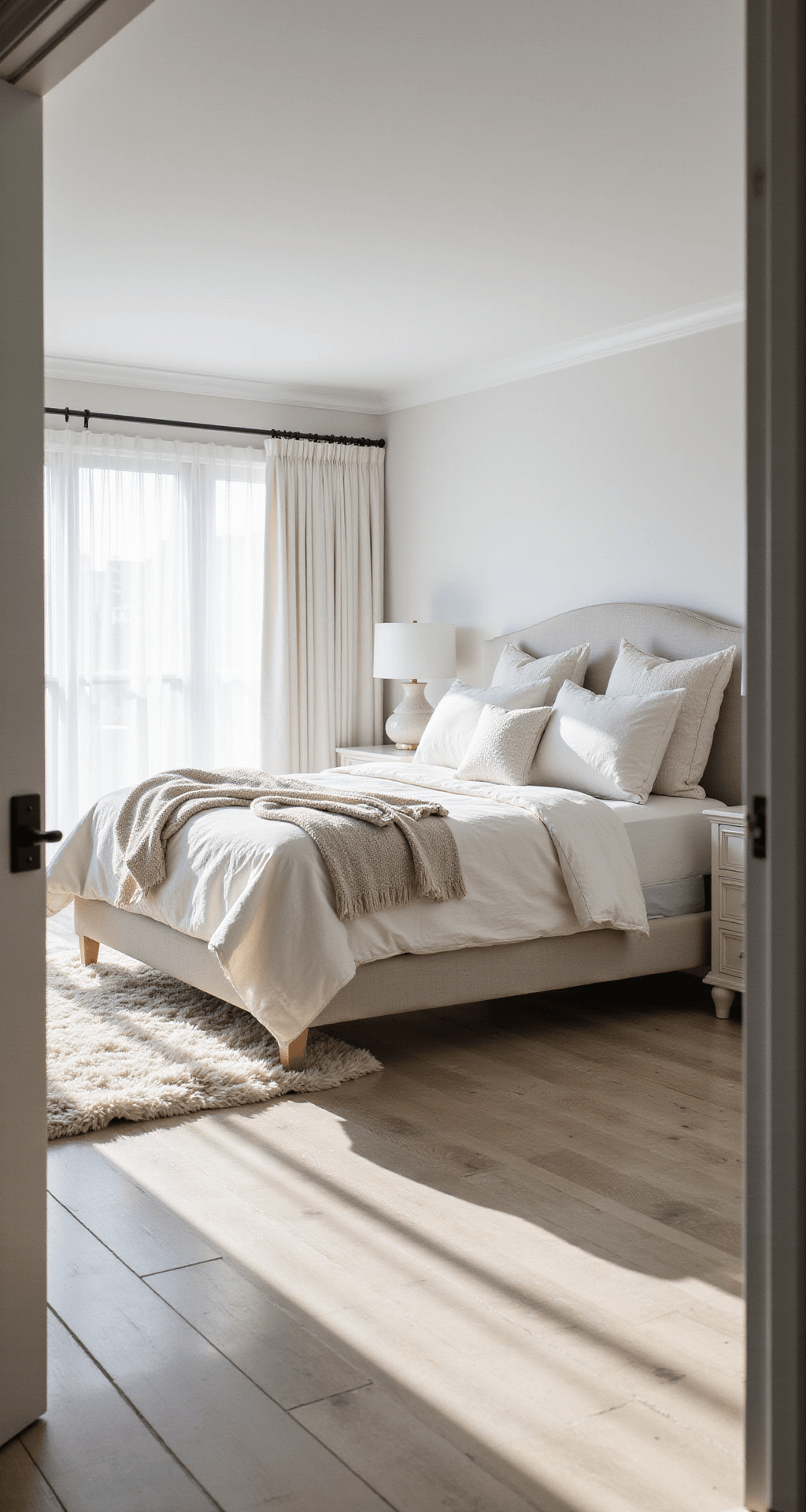 A serene master bedroom with a king bed dressed in ivory and cream linens, wide-plank whitewashed oak floors, alabaster nightstands, and ceramic lamps, illuminated by morning light through sheer curtains. A plush sheepskin rug and soft shadows enhance the airy atmosphere.