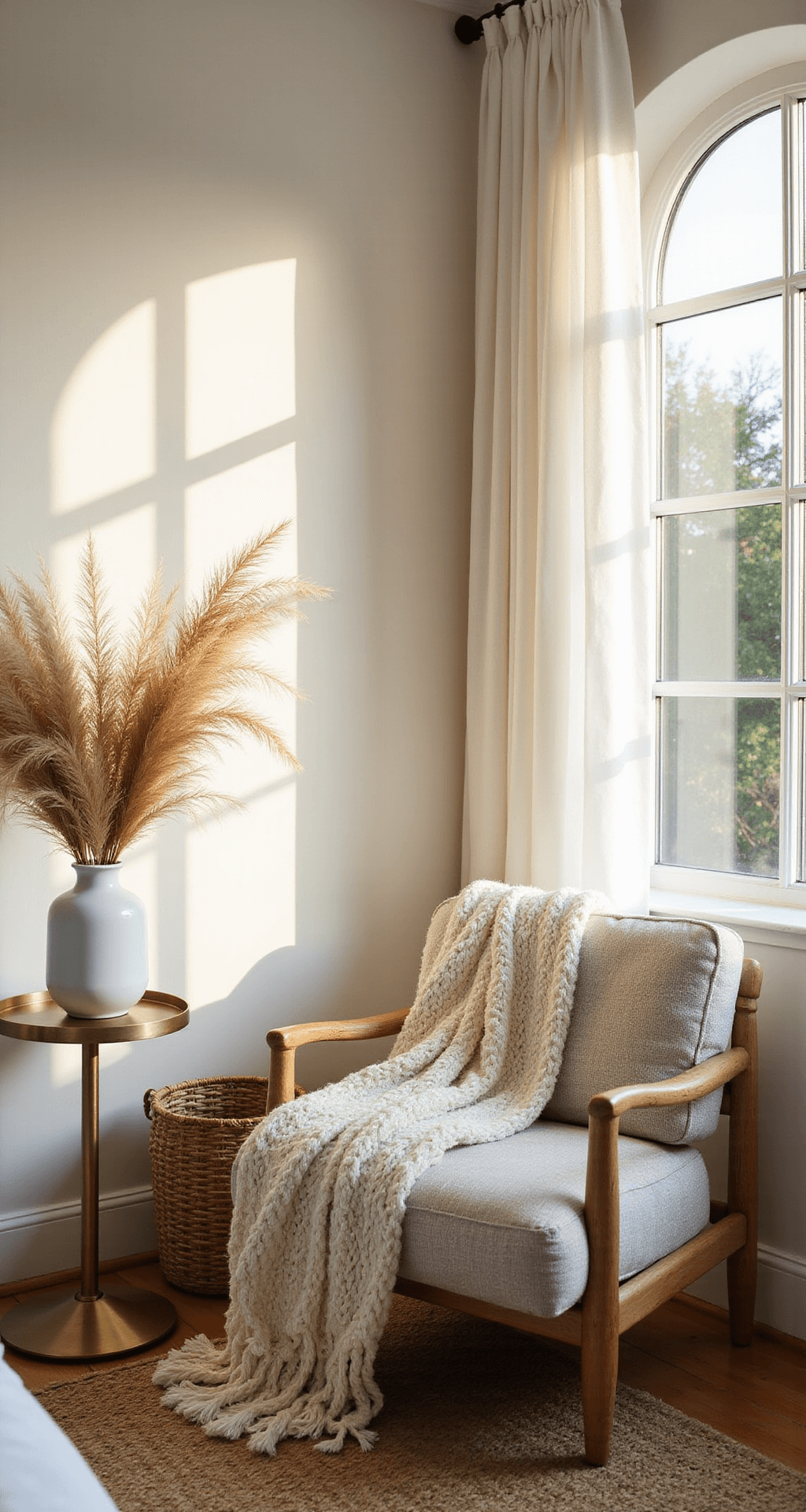 An intimate bedroom corner vignette featuring a weathered white oak reading chair beside a tall arched window draped with gauzy white curtains. A chunky knit ivory throw is on the chair's arm, while a round brass side table holds a white ceramic vase with dried pampas grass. A nearby rattan basket adds texture, all lit warmly by golden hour light.
