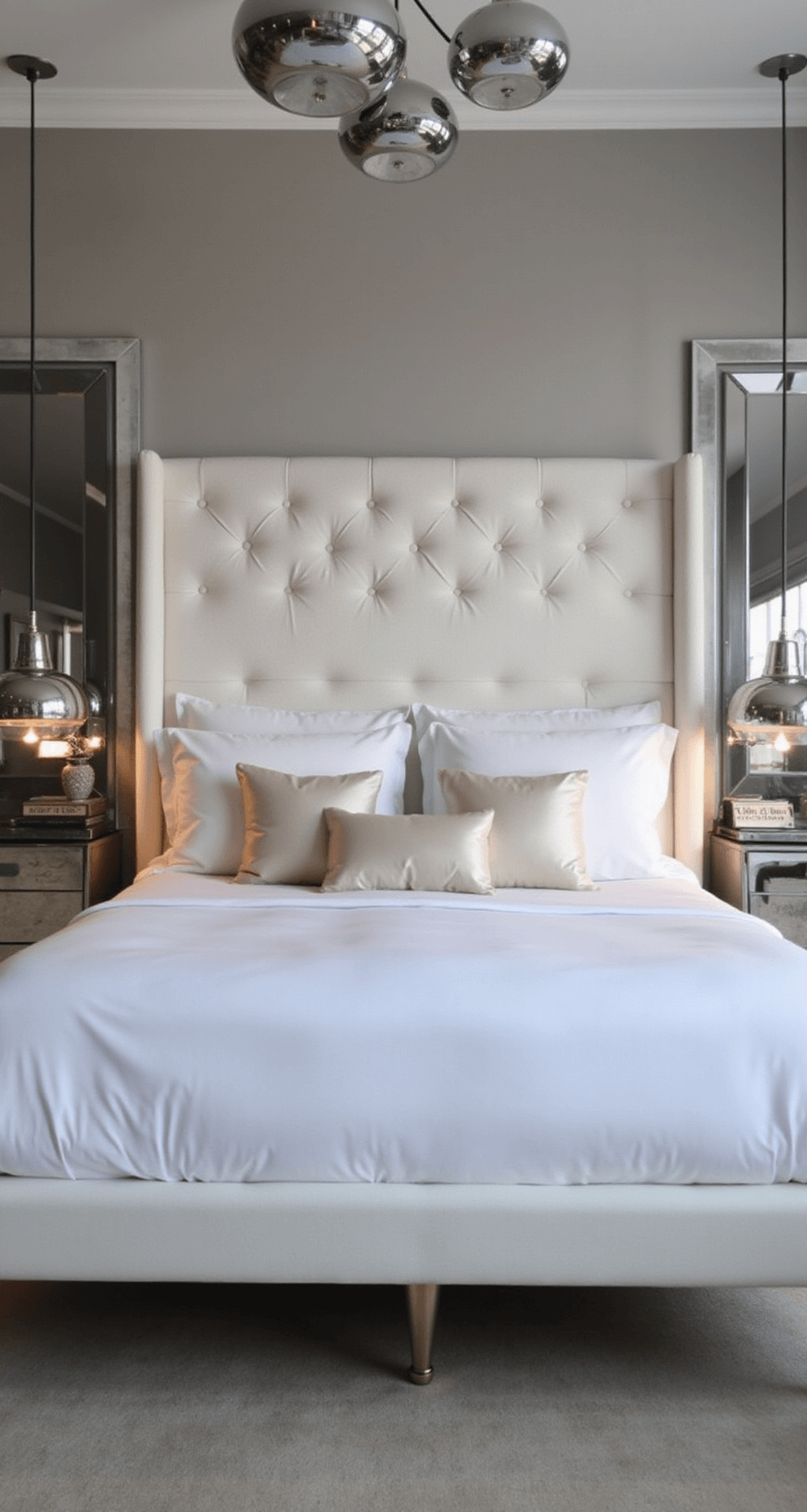A modern 16x18ft bedroom at dusk featuring a tufted white bouclé platform bed, crisp white bedding, pearl-toned silk pillows, and chrome pendant lights. Mirrored nightstands reflect ambient lighting, creating a sophisticated and contemporary atmosphere.
