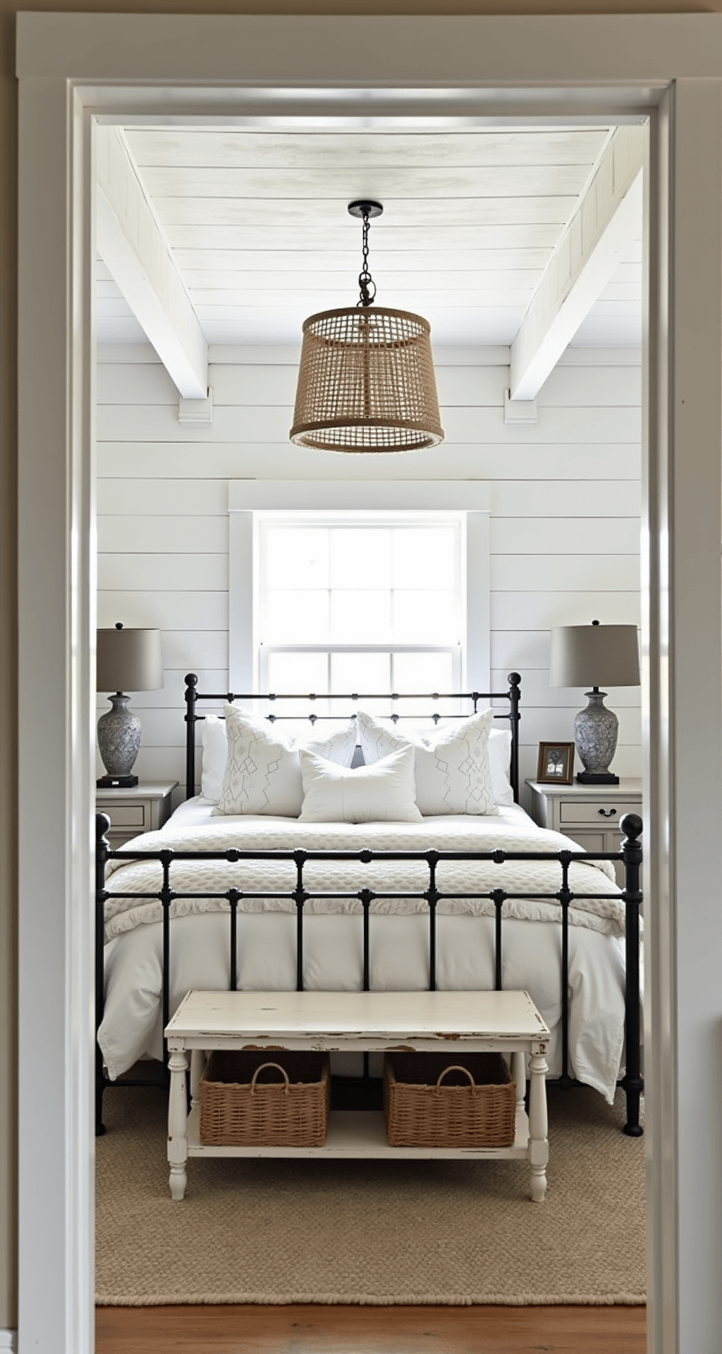 Cozy 13x15ft farmhouse-style bedroom with warm white shiplap walls, vintage white linens on an iron bed, and a distressed white wooden bench at the foot, featuring woven baskets. Natural light streams in, highlighting the whitewashed ceiling beams and creating a comfortable, collected aesthetic.