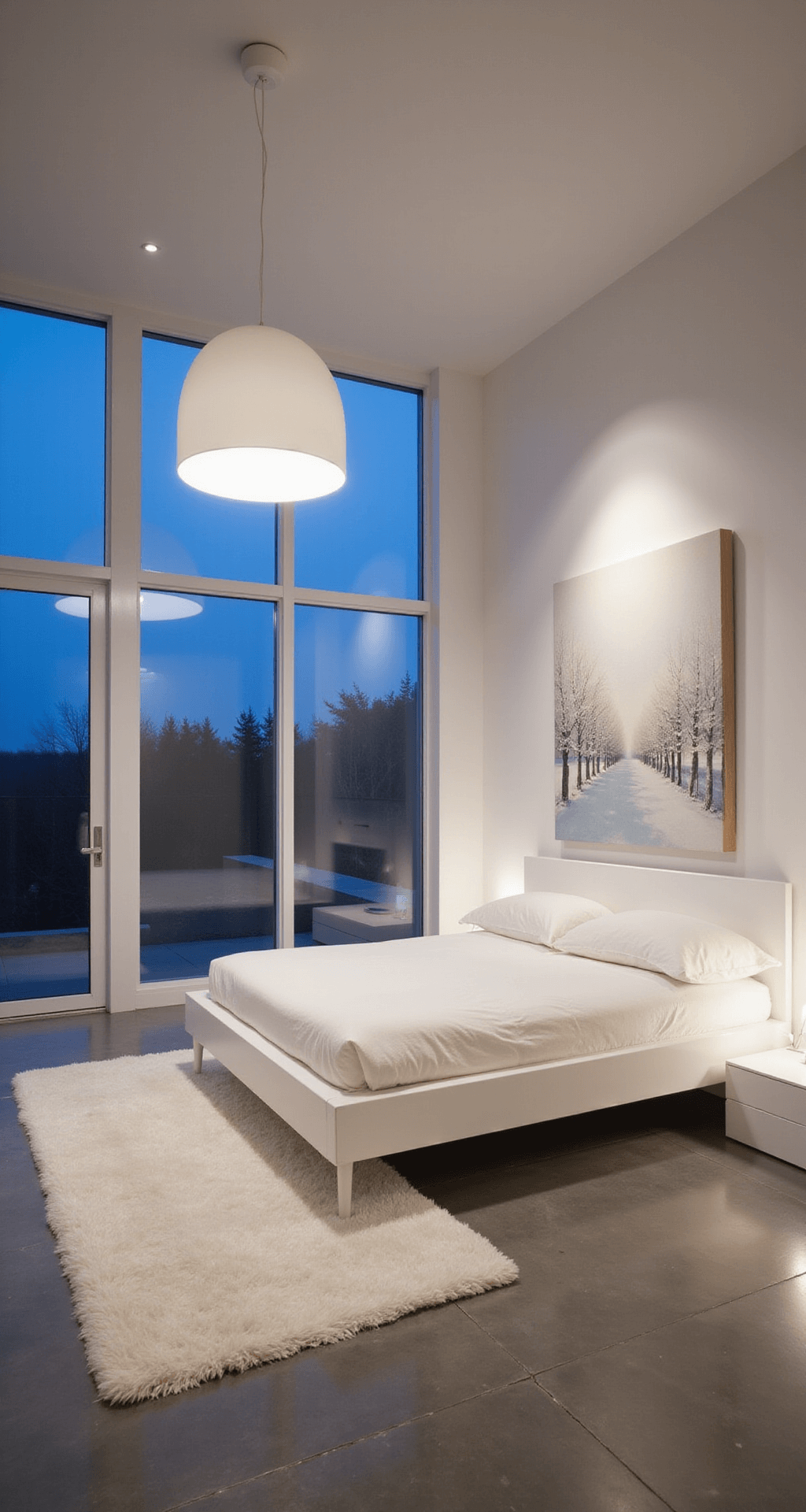 A minimalist bedroom at twilight features a low-profile white platform bed facing floor-to-ceiling windows, with a sculptural white pendant light casting shadows. An oversized abstract canvas in winter white tones serves as a focal point, complemented by a soft white wool area rug on polished concrete floors. The dusky blue light from outside mixes with warm interior lighting, creating a peaceful and contemplative atmosphere.