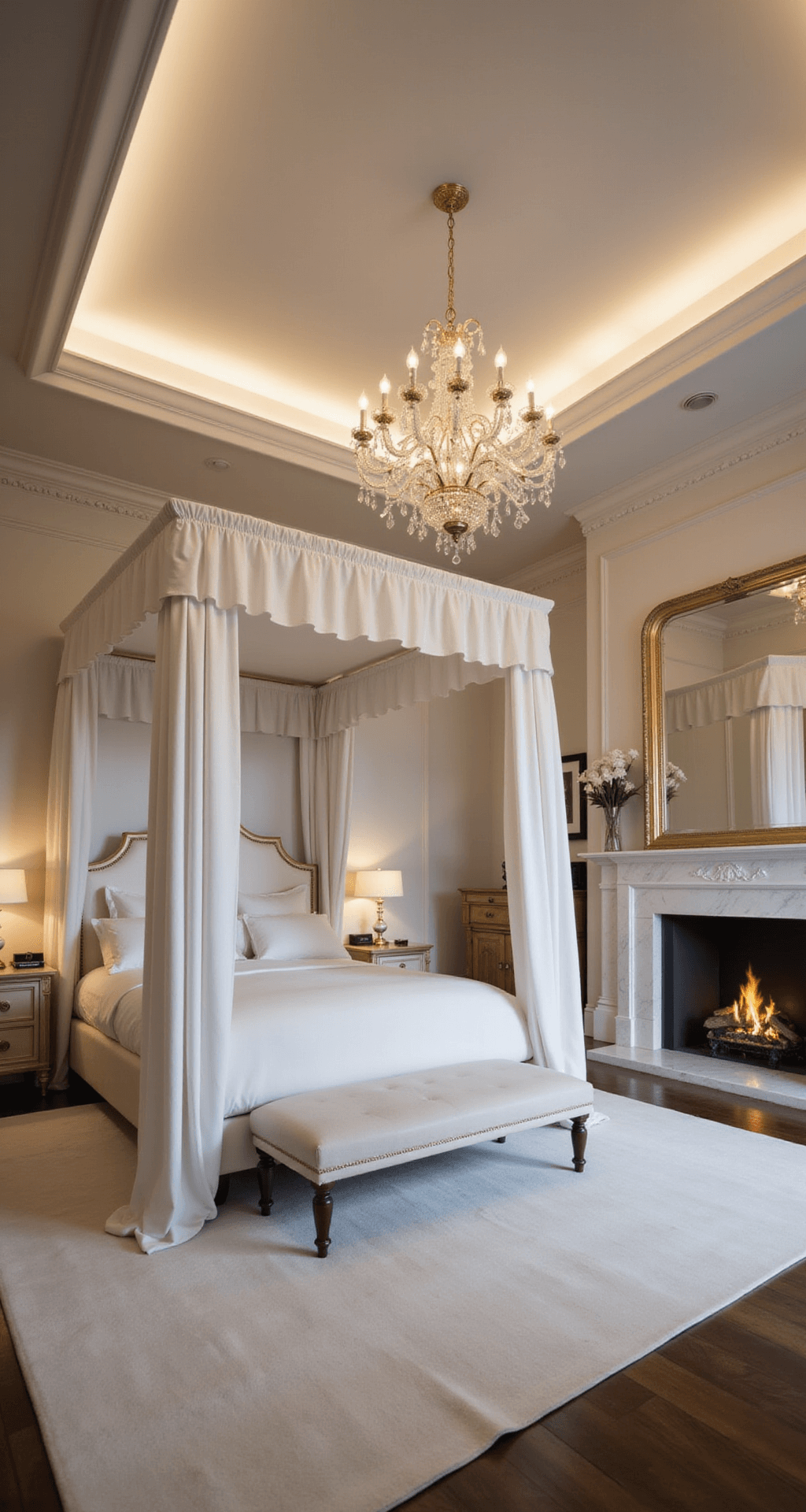Opulent master suite at night featuring a tray ceiling with hidden LED lighting, a king bed with a white velvet canopy, a white marble fireplace with gold accents, a crystal chandelier, and a wall-to-wall white silk area rug, all bathed in warm ambient light.