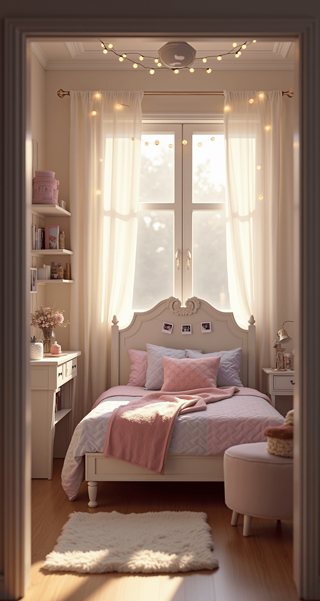 A photorealistic wide-angle view of a spacious bedroom featuring a twin bed with pastel pink and lavender bedding, white vintage-style furniture, and fairy lights overhead, illuminated by golden hour sunlight through sheer curtains.