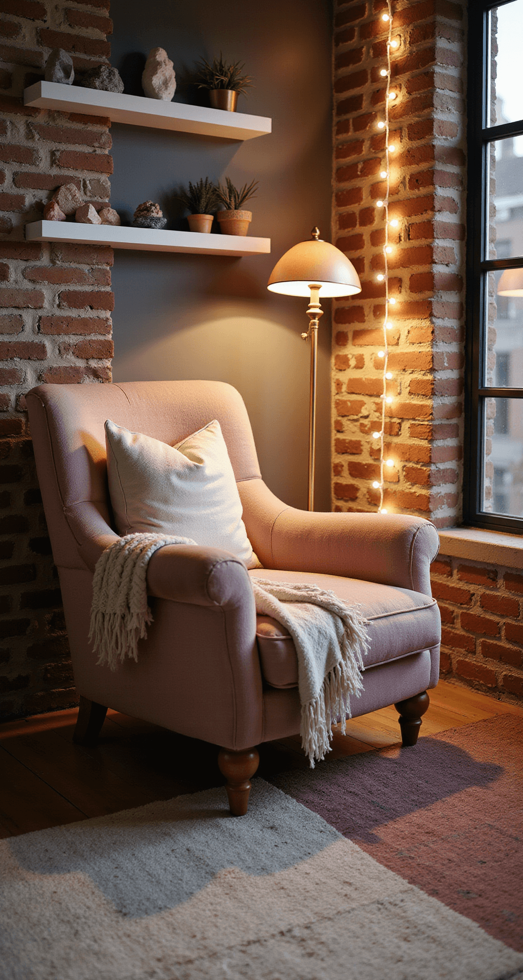 Low-angle shot of a cozy bedroom corner featuring a blush velvet armchair with faux fur throw, a brass floor lamp, and twinkling string lights on an exposed brick wall, complemented by layered vintage rugs and white floating shelves adorned with crystals and plants, all during blue hour.