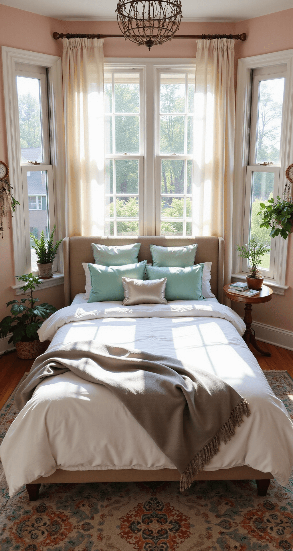 A bird's eye view of a whimsical 15x15ft bedroom at sunrise, featuring a queen bed with a cloud-like white duvet and mint green accents, bathed in natural light from bay windows. Decor includes hanging plants, dream catchers, and a large mirror reflecting the warm glow, with soft pink walls and a pastel-toned Persian rug anchoring the space.
