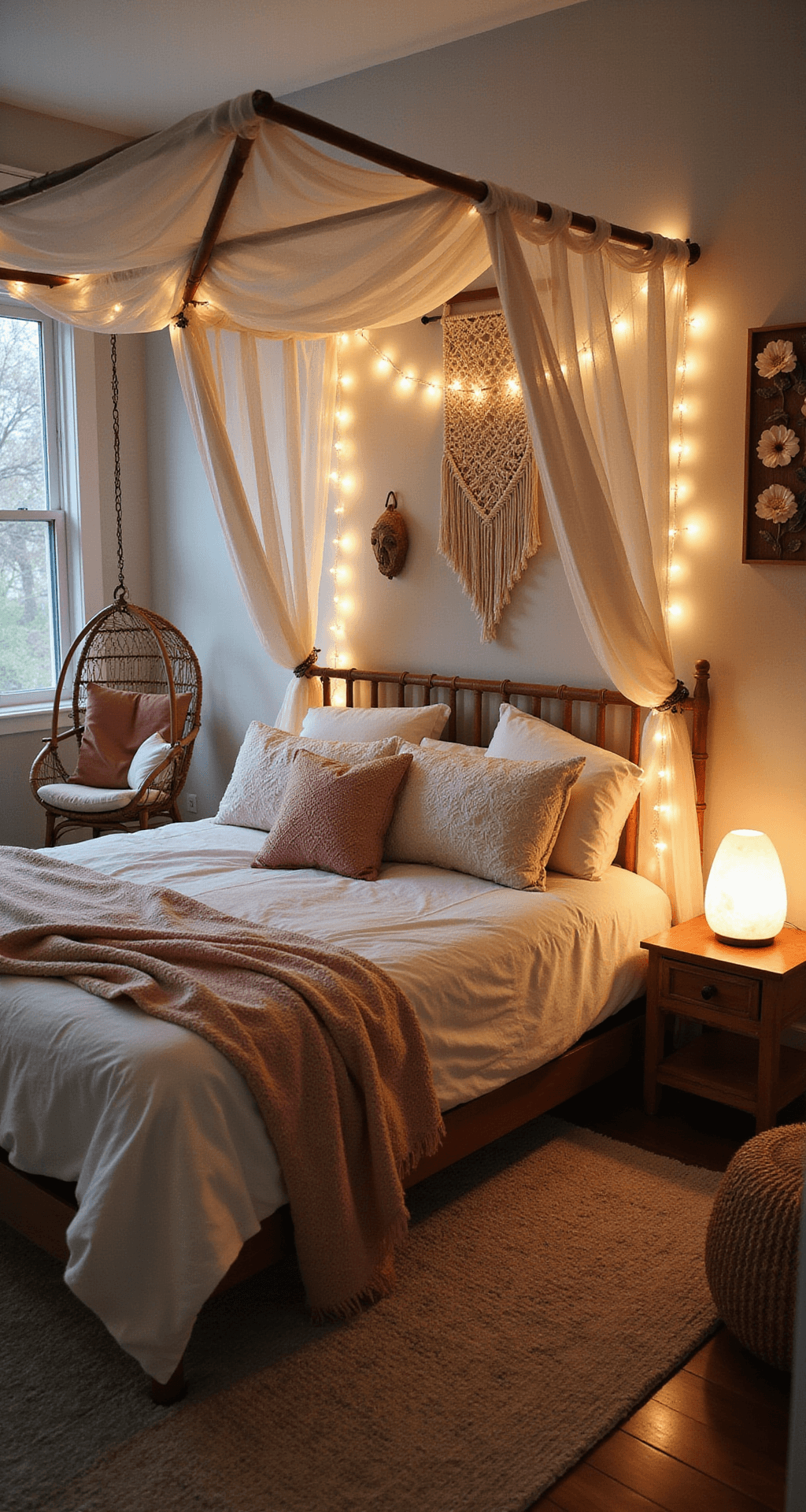 A cozy bohemian bedroom at dusk featuring a canopy bed draped in cream and blush fabric with fairy lights, surrounded by rattan furniture, macramé wall art, and a Himalayan salt lamp casting a warm glow.