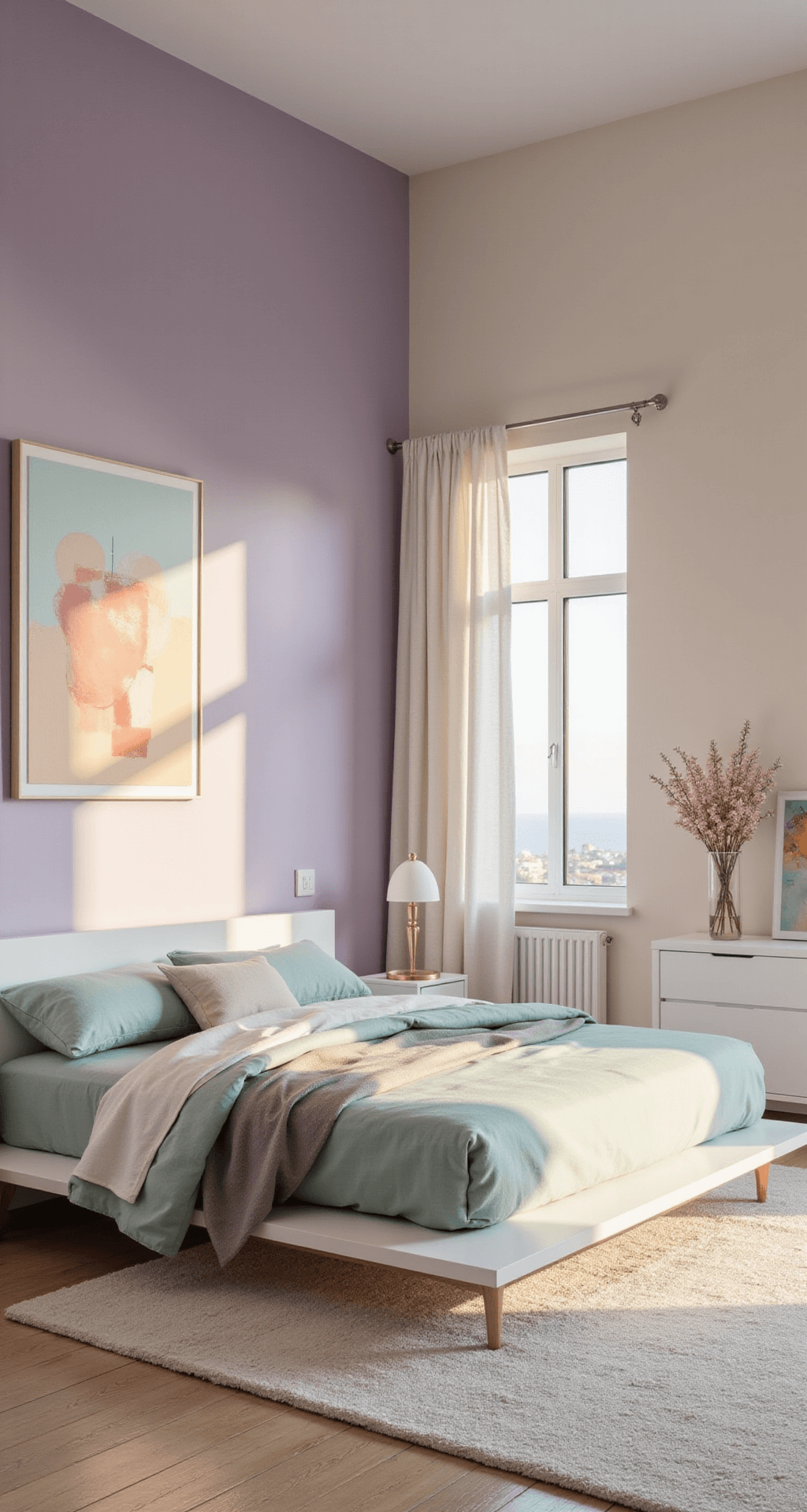 Wide shot of a pastel-colored bedroom with color-blocked lavender and cream walls, featuring a mint and gray geometric bedding on a platform bed, minimalist white furniture with rose gold accents, and oversized abstract art. The image has a tilt-shift effect, focusing on the bed area during golden hour.