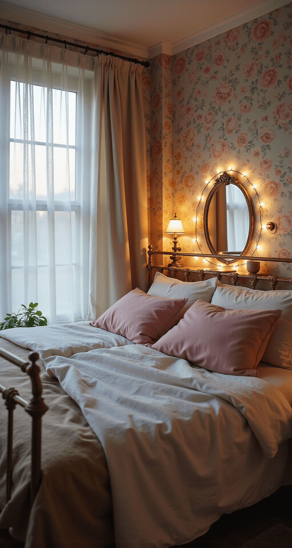 Corner view of a vintage-inspired bedroom at twilight, featuring an antique brass bed dressed in layered white, pink, and cream linens, a vintage vanity with oval mirror illuminated by warm-toned string lights, and a floral wallpaper accent wall in muted pastels, captured with a nostalgic film simulation.
