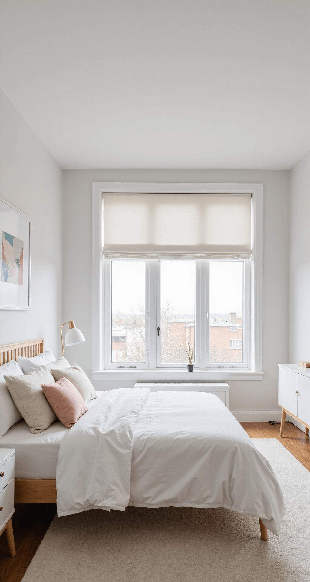 A cozy minimalist bedroom featuring Scandinavian-inspired furniture, a white bed with pastel accents, and large windows with white roman shades, all designed in a bright, airy style with an emphasis on clean lines and negative space.