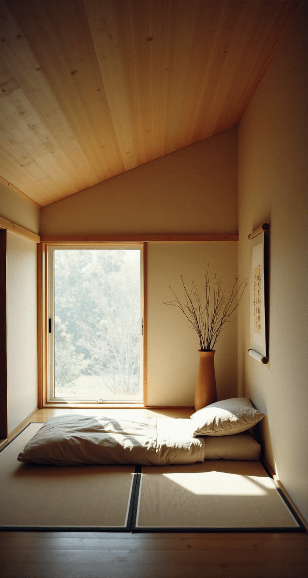 A serene Japanese-inspired attic meditation space featuring a low futon on tatami mats, dimly lit by midday light filtering through paper shoji screens, with minimal décor including an ikebana arrangement and a hanging scroll, all under a sloped cedar-paneled ceiling.