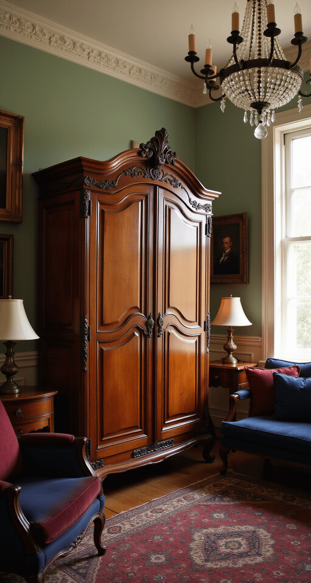 An intimate vintage-inspired bedroom featuring a restored Victorian armoire with intricate carvings, sage green walls, soft table lamp lighting, vintage oil paintings, a crystal chandelier, and jewel-toned velvet upholstery, all highlighted by a burgundy and navy Persian rug at golden hour.