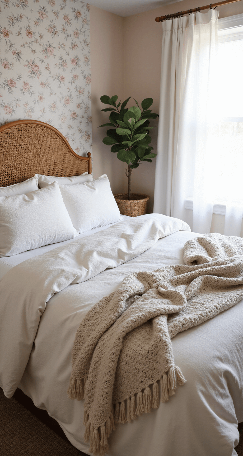 Cozy 10x10ft bedroom shot from above, featuring layered white bedding, a rattan headboard against blush walls, and a floral wallpaper accent, all softly illuminated by natural light.