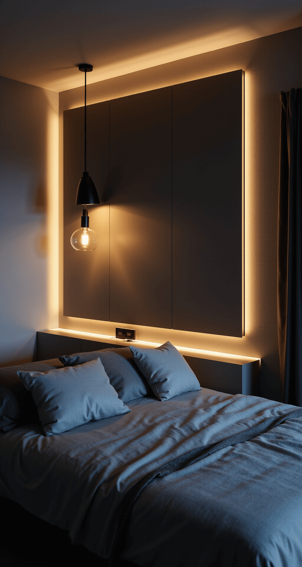 Twilight bedroom with layered lighting design, featuring a bedside sconce, pendant light, and LED strip behind a floating headboard, cool grey walls, and strategically placed mirrors enhancing the warm ambiance.