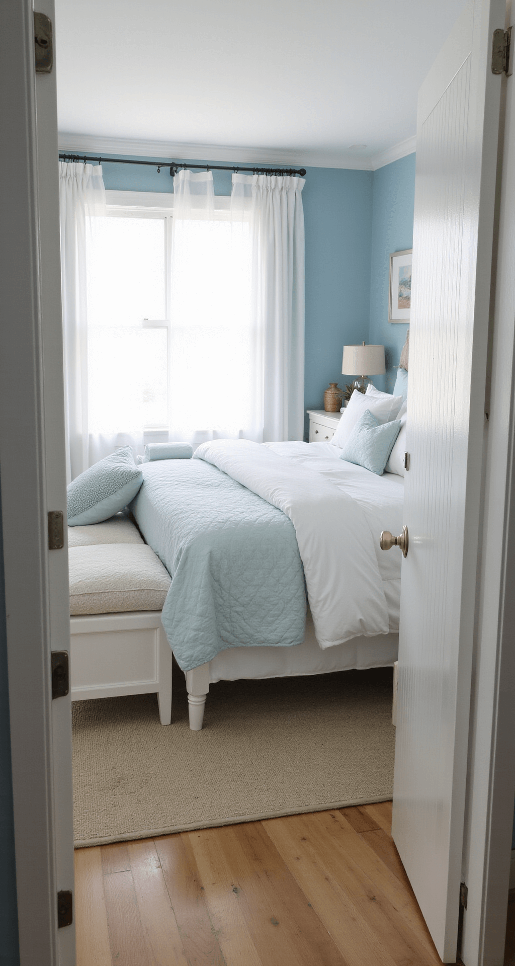A serene bedroom featuring a king-size bed with layered white and light blue linens, natural oak flooring, and white painted furniture, illuminated by morning light through sheer curtains, with coastal accents and a soft-focus effect highlighting the bed area.