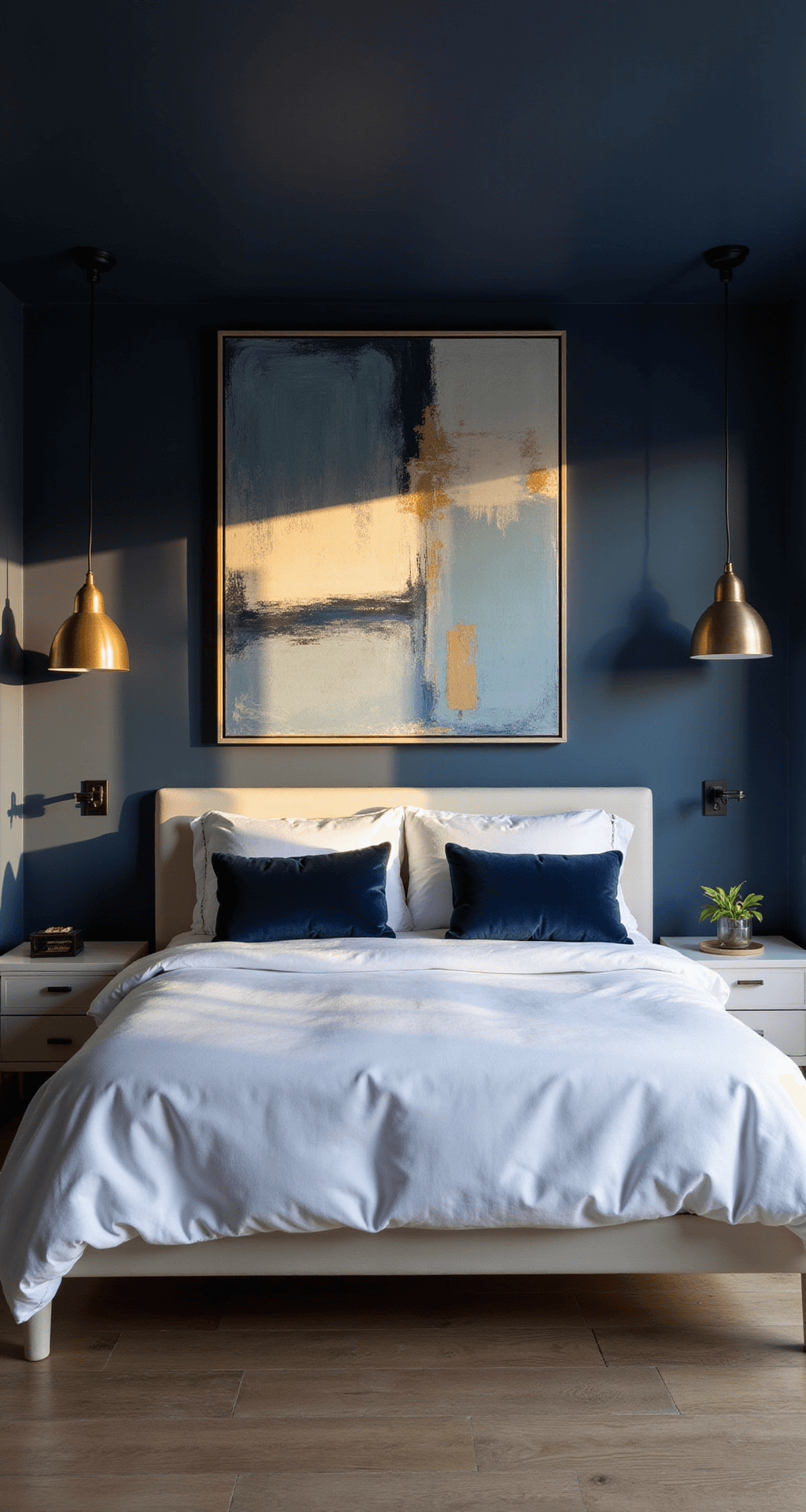 A sophisticated master bedroom with dramatic navy blue walls, warm golden hour lighting, a modernist platform bed with white linens and navy velvet pillows, asymmetrical brass pendant lights, and an abstract art piece in blues and golds on the feature wall, showcasing matte black hardware and white oak furniture.