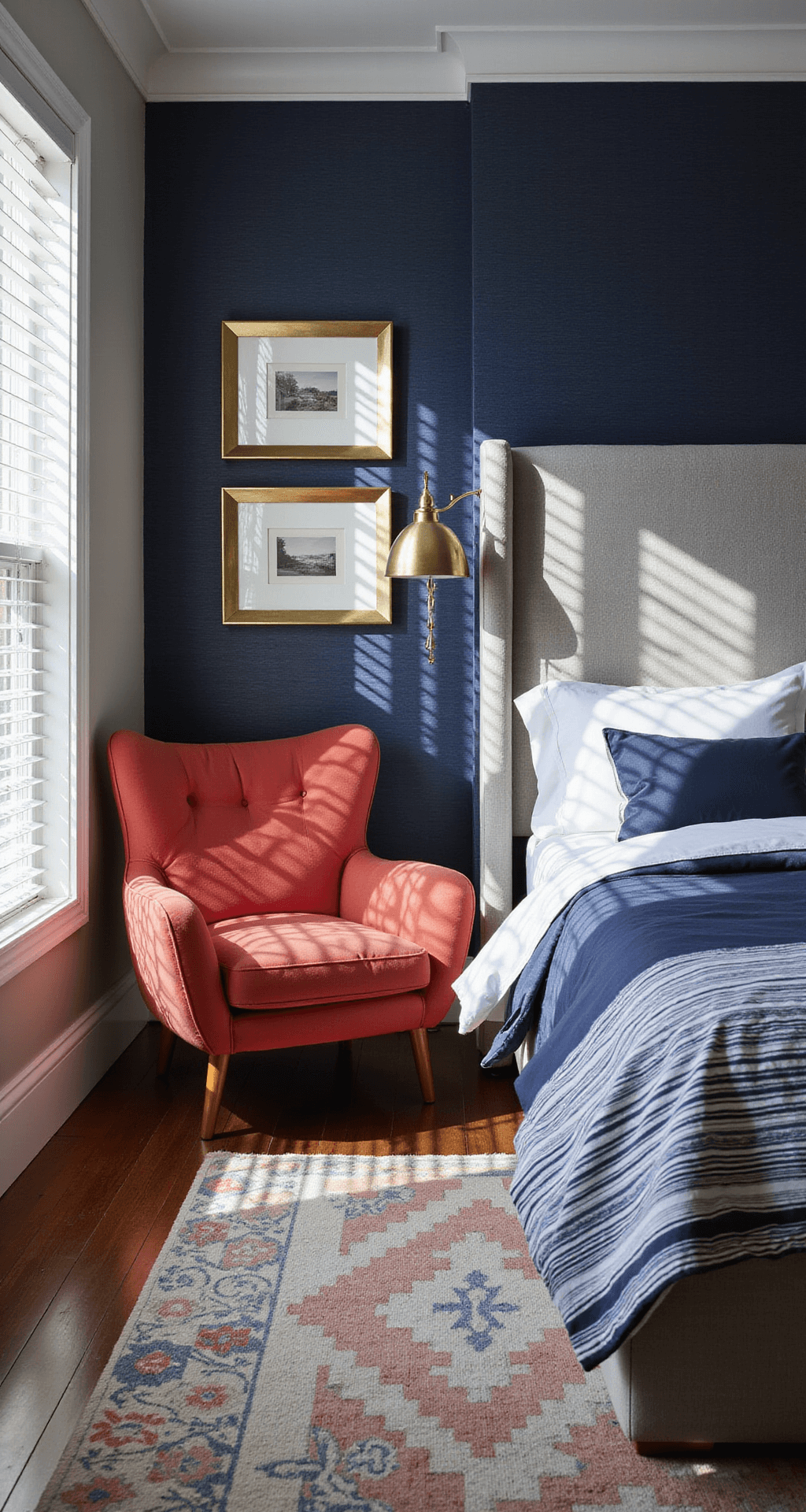 Contemporary bedroom with navy grasscloth wallpaper and gray upholstered headboard, featuring coral velvet accent chair, navy and white striped bedding, and geometric area rug, illuminated by late afternoon sun and warm artificial lighting.