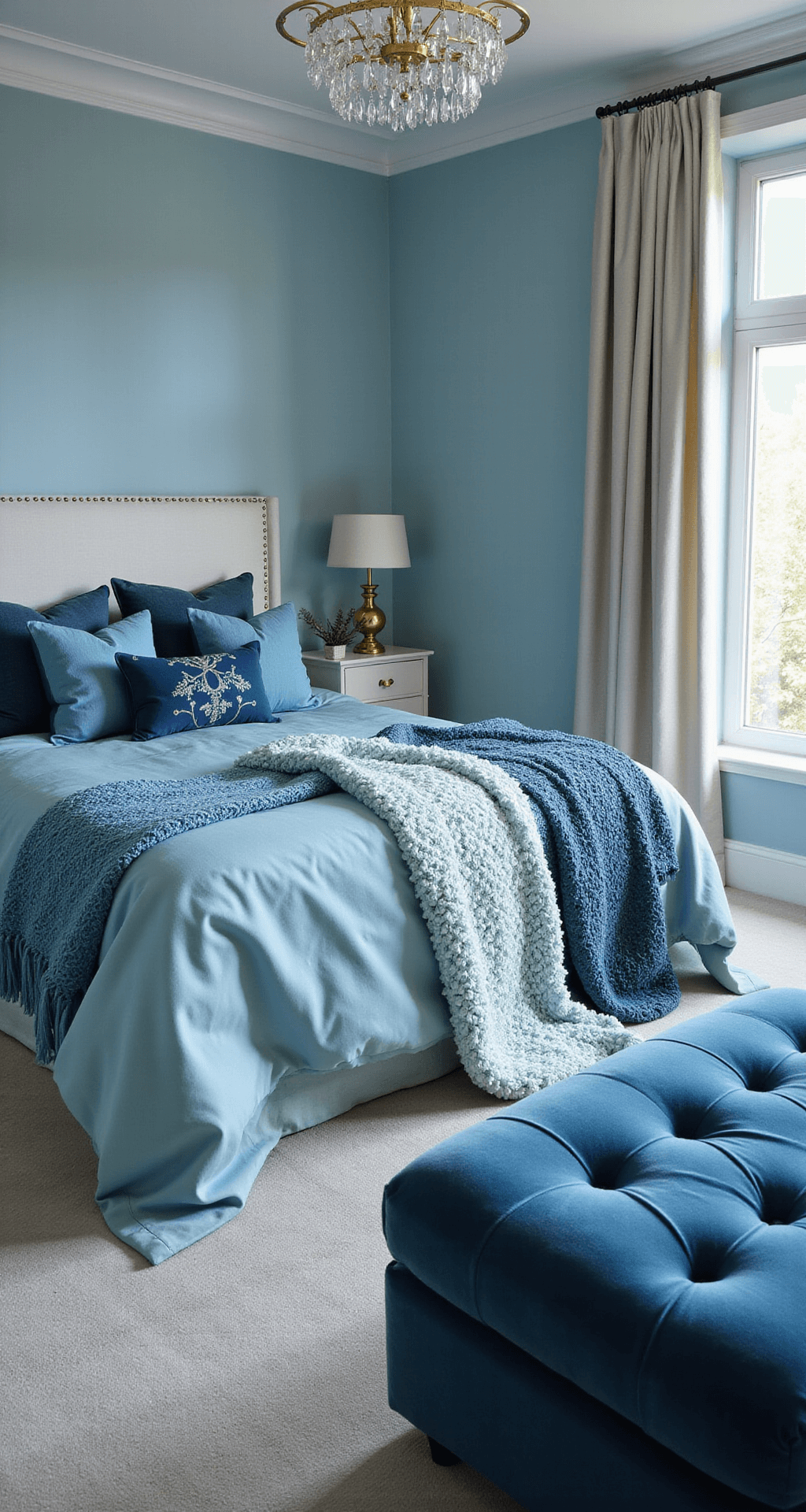 A luxurious bedroom featuring powder blue silk wallpaper, a king bed layered with blue velvet and linen bedding, a seafoam blue velvet tufted ottoman, and chunky knit throws, illuminated by a crystal chandelier that casts prismatic light patterns, captured from a corner to highlight the variety of textures.