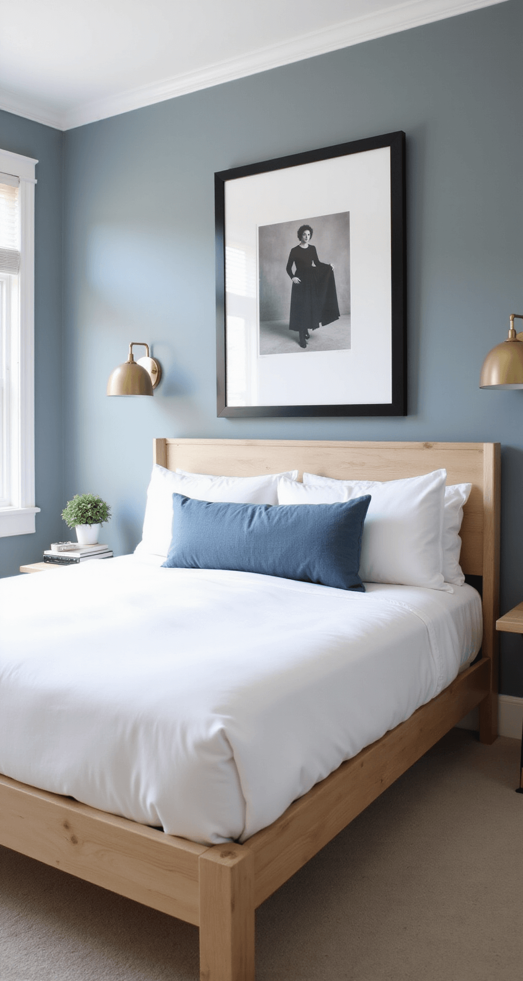 Minimalist bedroom featuring a platform bed with white linens and a blue lumbar pillow, illuminated by cool morning light, with pale blue-gray walls, simple brass sconces, and large-scale black and white photography above the bed.