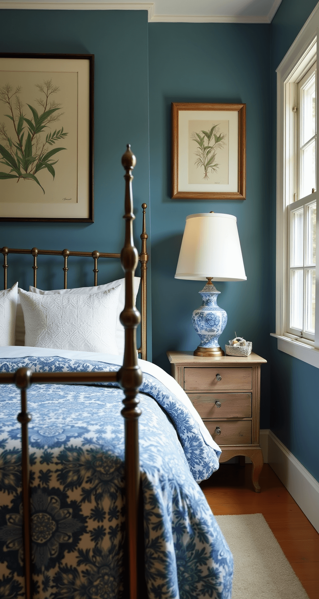 Cozy vintage-inspired bedroom featuring dusty blue walls, an antique brass bed with white eyelet bedding and indigo block print quilt, Victorian-style blue and white lamp bases on weathered wood nightstands, and botanical prints in gilt frames, shot with a vintage lens in warm afternoon light for a nostalgic atmosphere.