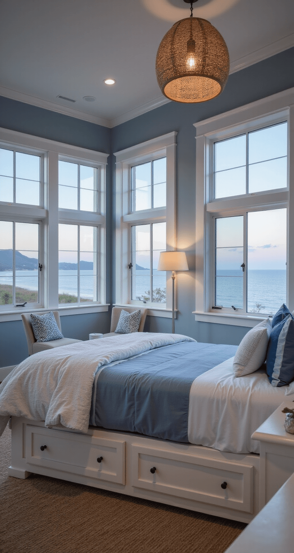 A modern coastal bedroom featuring Benjamin Moore 'Ocean Air' walls, a white captain's bed with storage, layered blue and white bedding, a rattan pendant light, and a jute rug. Large windows with white linen drapes frame a water view at twilight, enhanced by warm interior lighting for a cozy atmosphere.