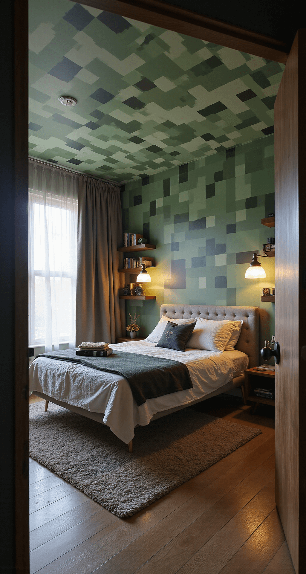 A spacious gaming bedroom featuring a hand-painted Minecraft creeper pattern wall in muted greens, with late afternoon sunlight filtering through geometric curtains. The room includes a modern platform bed, a floating desk with LED backlighting, custom cube shelving for collectibles, and torch-style wall sconces, all rendered in natural and warm lighting.