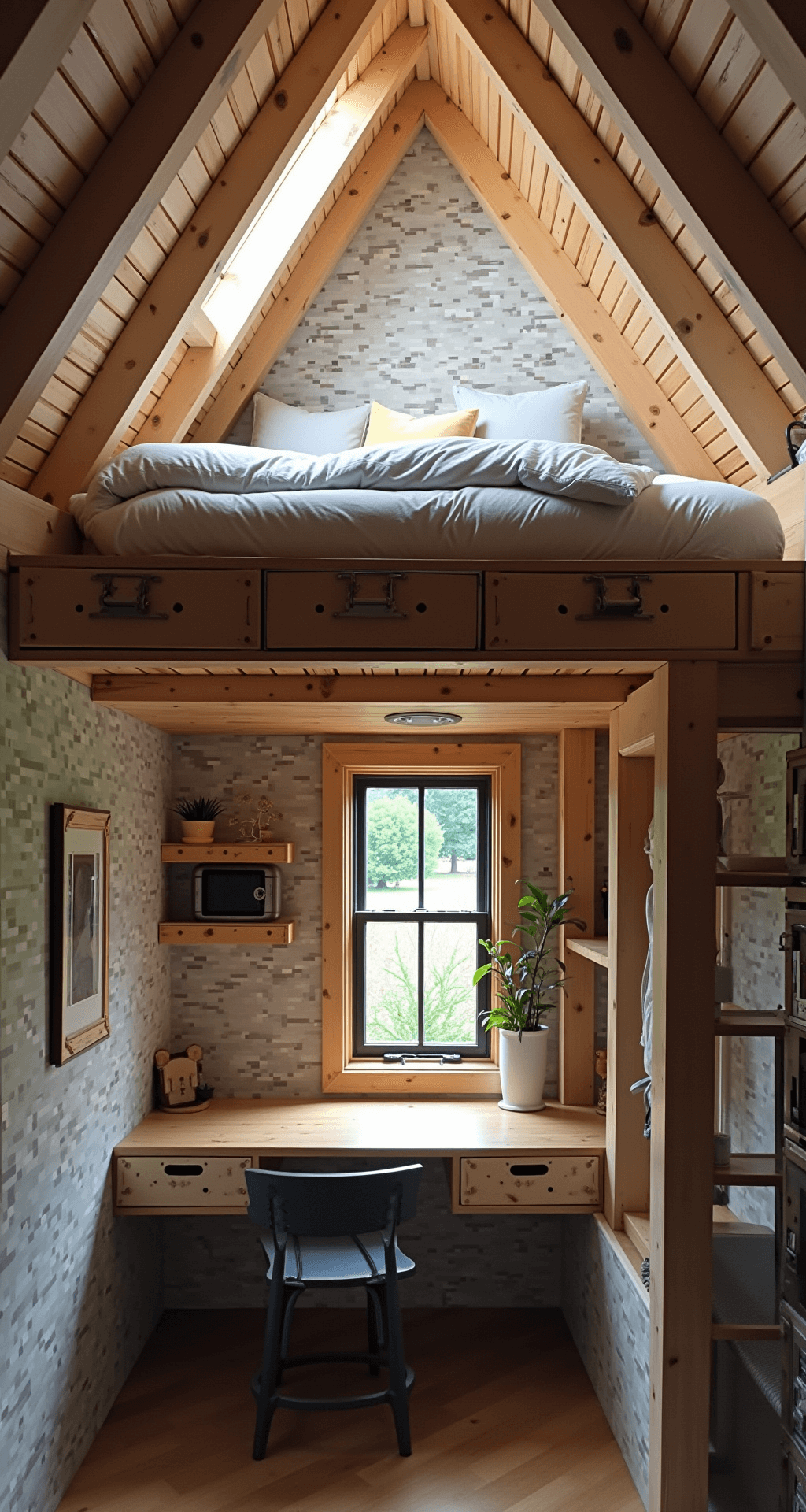 Cozy loft-style bedroom featuring exposed wooden beams, elevated bed platform with treasure chest-style storage, and pixelated wallpaper in gray and brown tones, illuminated by soft morning light from skylights.