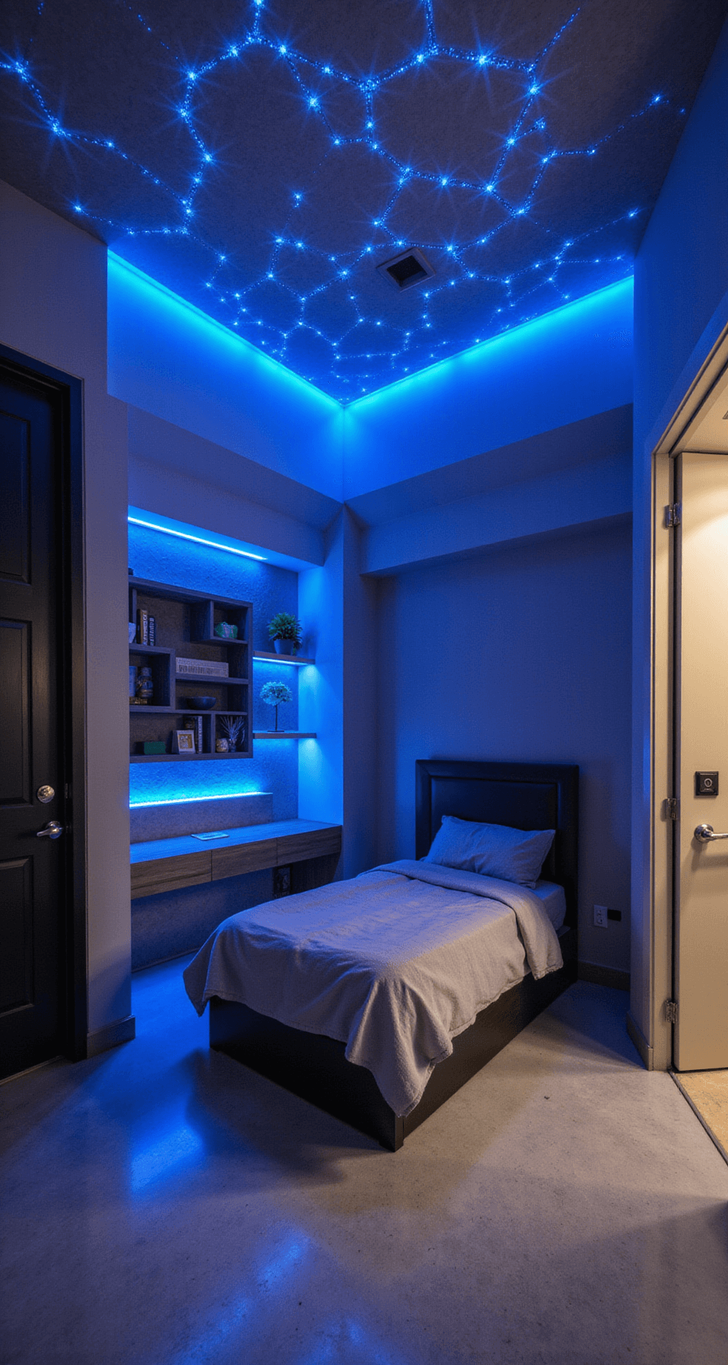 A modern 14x16ft teen bedroom with LED constellation lighting in a Minecraft diamond ore pattern on the ceiling, illuminated with a cool blue hue. The room features a corner gaming station, floating shelves, and a bed resembling terrain blocks, all set against polished concrete and brushed metal materials with RGB lighting effects.
