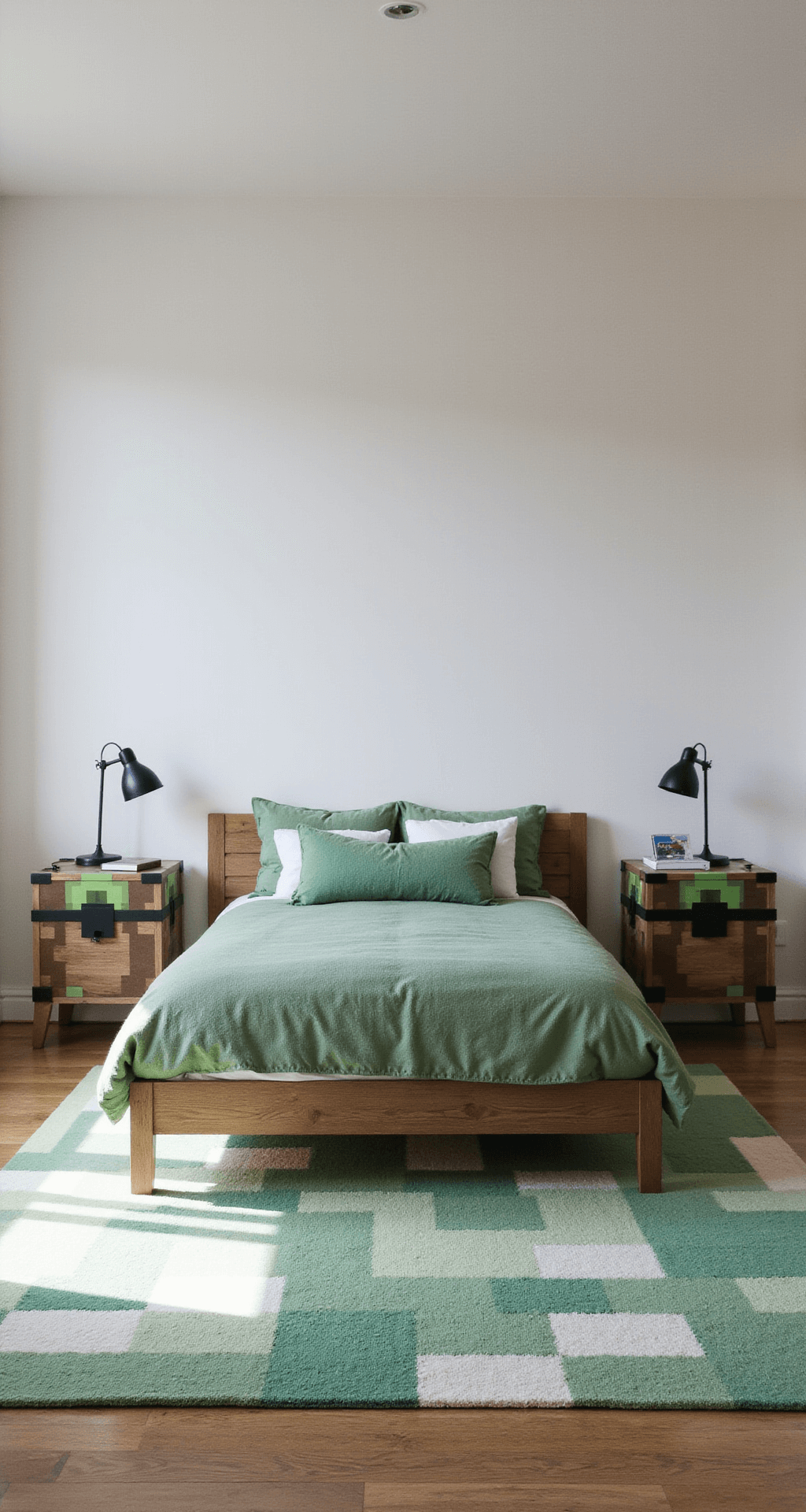 A minimalist bedroom with dimensions 11x13ft, featuring a monochromatic color scheme with pops of emerald green. The room includes a block-patterned area rug, geometric bedding, and hidden storage resembling Minecraft chests. Natural light floods the space, highlighting clean lines and textures of cotton, wool, and raw wood, complemented by matte black hardware.