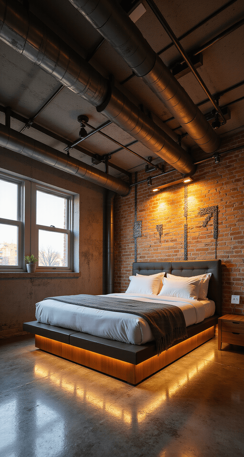 Industrial-style bedroom with vaulted ceiling, exposed ductwork painted like Minecraft redstone circuits, golden hour lighting casting shadows on a pixel art mural, featuring a floating platform bed with underlighting and charging stations, and mixed materials like polished concrete, metal, and warm wood.