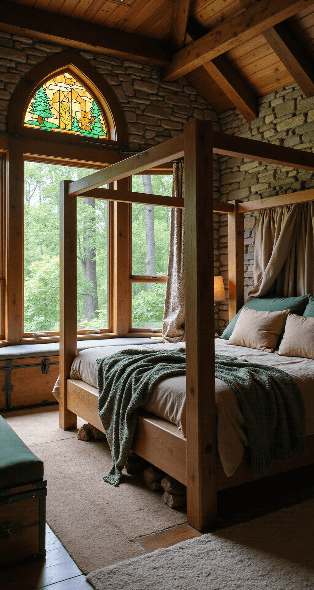 Rustic 13x15ft Minecraft-themed bedroom with stained glass panels, a four-poster bed with a pixelated canopy, and earthy furnishings, all illuminated by morning light.
