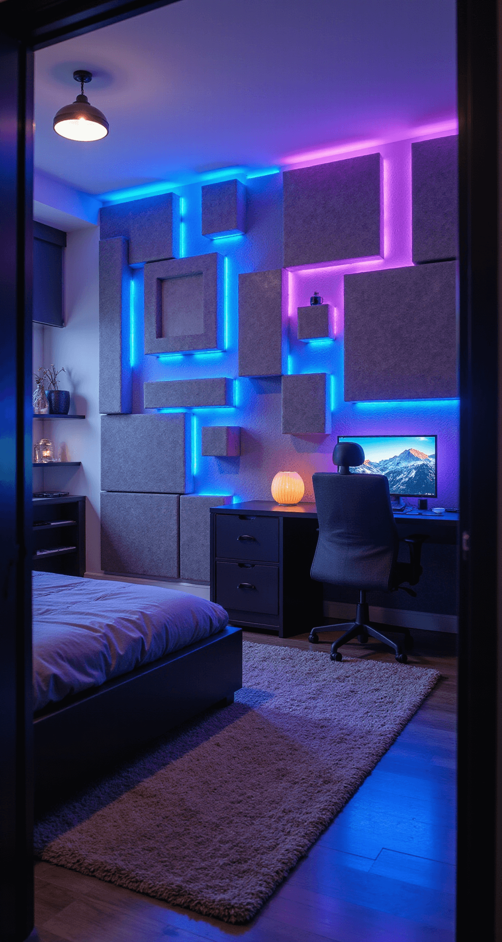 Contemporary bedroom with a dramatic accent wall featuring illuminated 3D cubic elements inspired by Minecraft ore blocks, evening lighting with programmable LEDs, a custom gaming corner with ergonomic setup, and floating display shelves, all captured from an elevated doorway perspective.