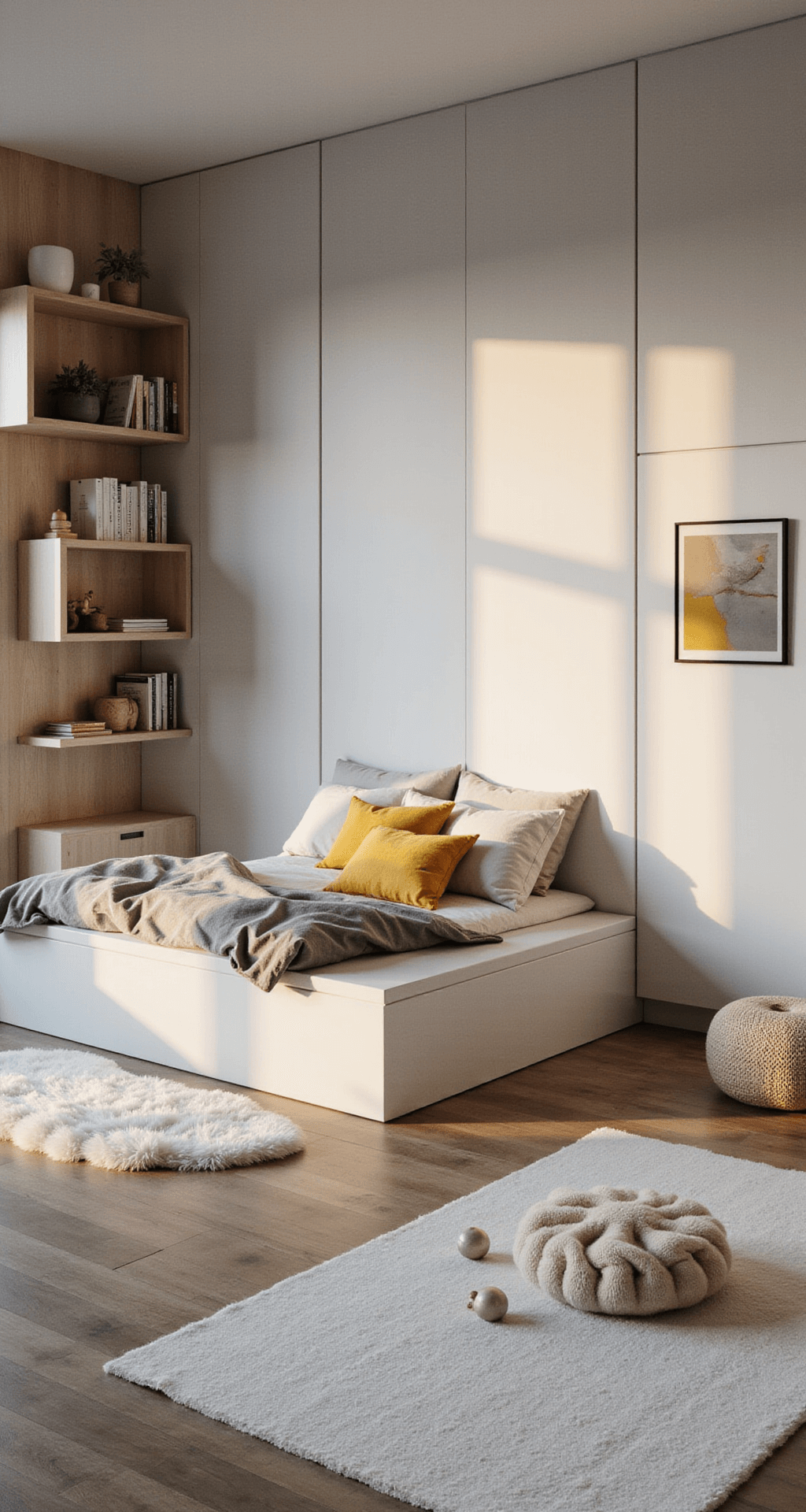 A modern minimalist kids' bedroom featuring a matte white platform bed with built-in storage, illuminated by soft golden hour light from floor-to-ceiling windows, with light oak floating shelves and pops of mustard yellow decor.
