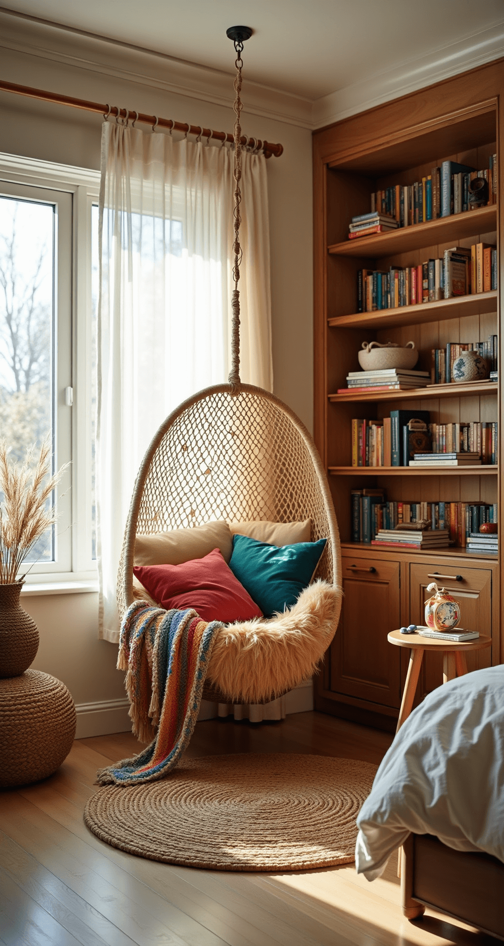 A cozy Bohemian-style kids' reading nook, featuring a hanging rattan chair with a rainbow macramé throw, colorful books on warm wooden shelves, and rich jewel-toned textiles, all illuminated by soft morning light filtering through botanical curtains.