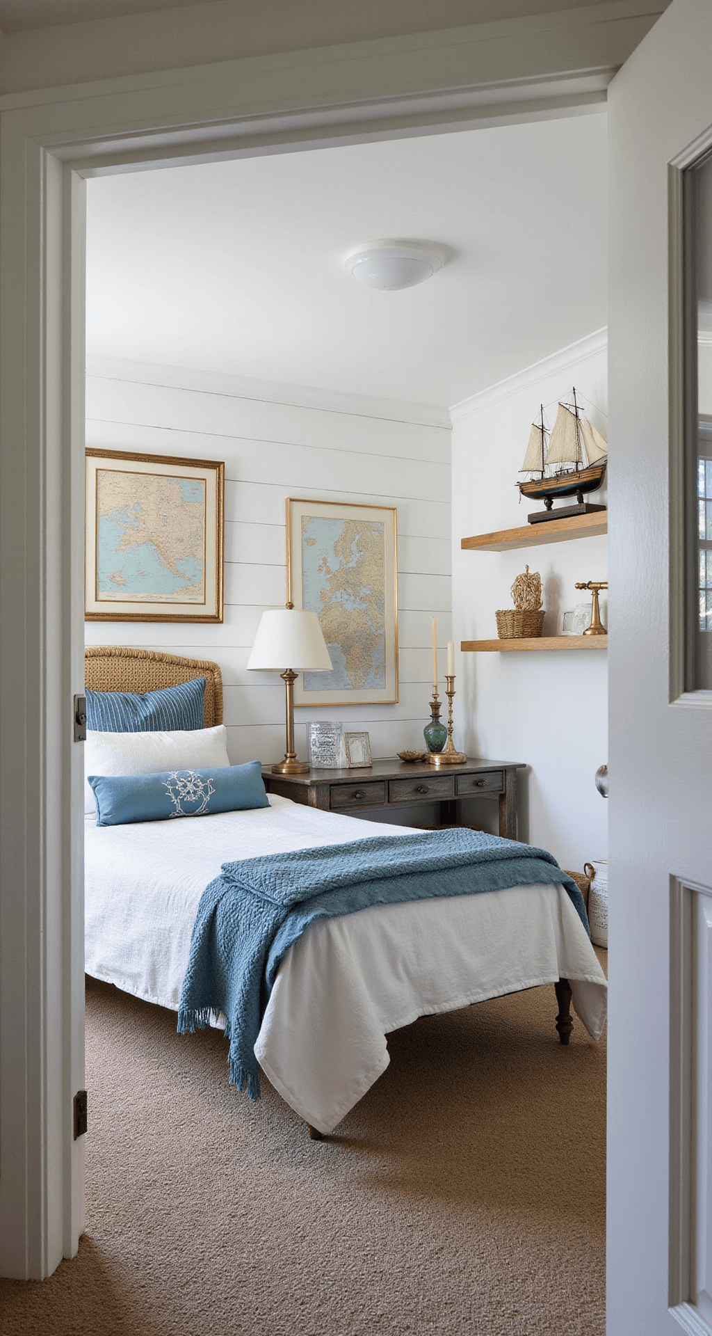 Coastal-themed bedroom with crisp white shiplap walls, navy and aqua decor, twin bed with rope-detailed headboard, ocean-inspired bedding, vintage maps, brass telescope, and weathered wood shelves, captured in mid-morning light from the doorway.