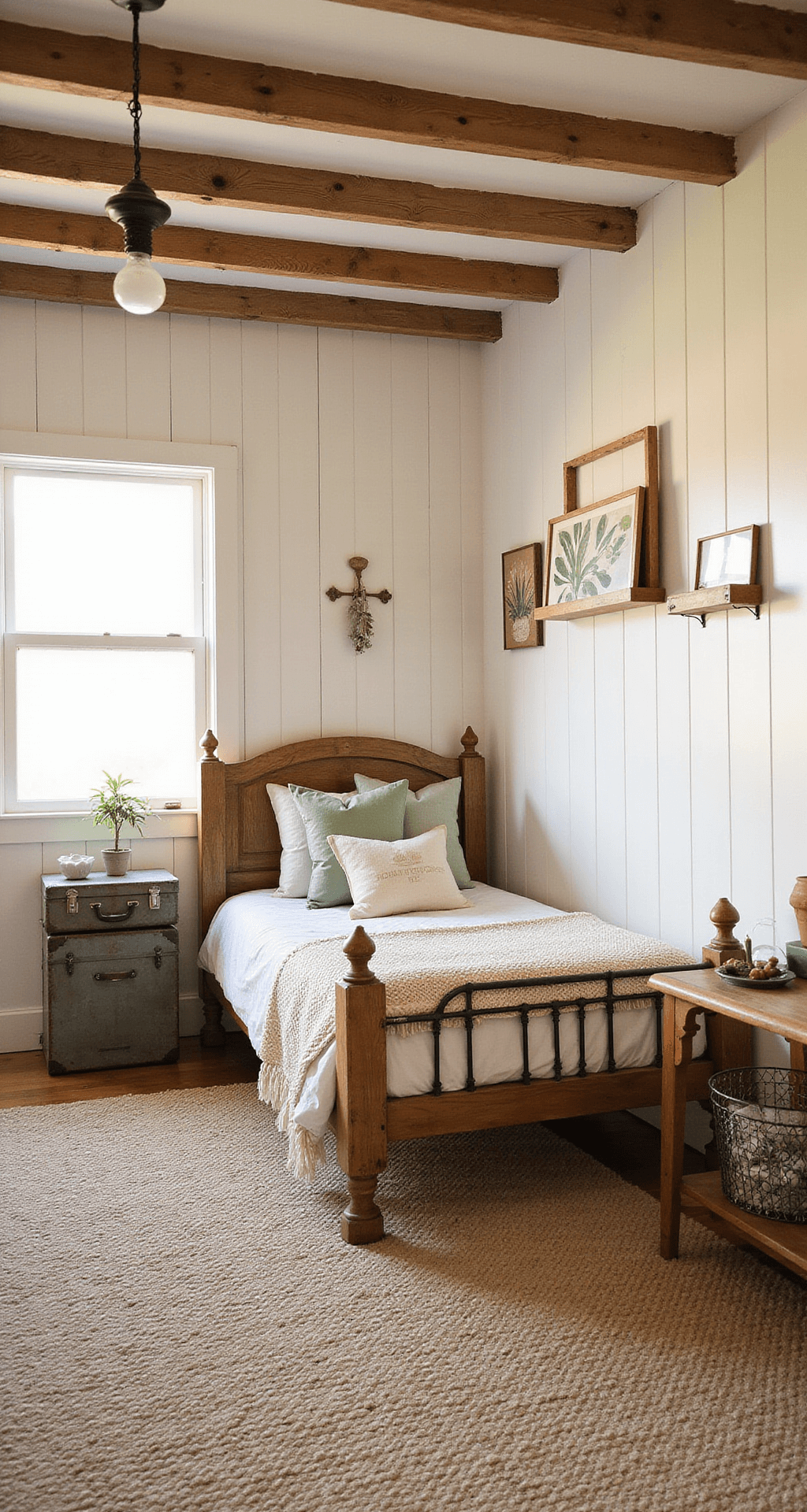 Farmhouse-style kids' room with rustic twin bed, white beadboard wall, exposed wooden beams, and warm color palette during golden hour, featuring vintage decor and cozy textiles.