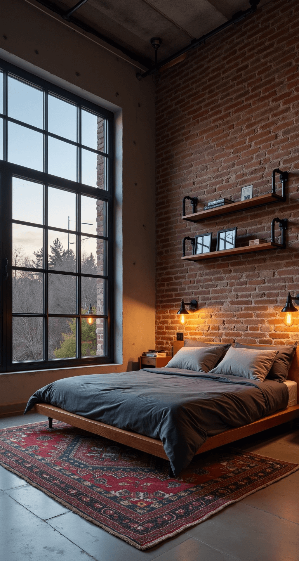 Industrial chic bedroom at dusk featuring an exposed brick accent wall with metal pipe shelving, a reclaimed wood platform bed with charcoal linen bedding, and geometric patterns in the area rug. The color palette includes warm woods, cool metals, and burgundy accents, with materials like brushed steel and distressed leather, while vintage industrial lighting enhances the space.