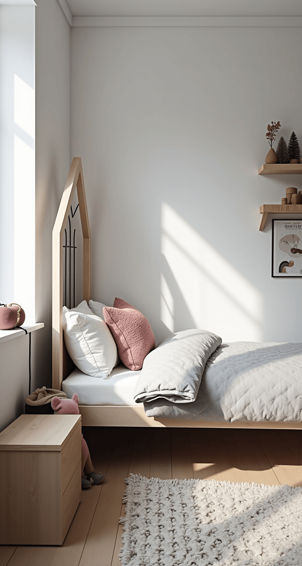 A cozy Scandinavian kids' room featuring white walls and pale blonde wood furniture, illuminated by morning light. The simple house-frame bed with minimalist grey and white bedding is complemented by black metal accents. Geometric storage solutions and a curated toy display enhance the room's clean lines and intentional negative space, accented by subtle pink in the artwork and textiles. Natural materials like wool, cotton, and birch wood enrich the space.