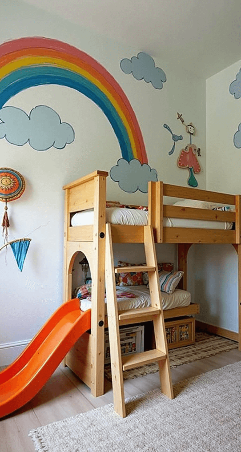 A playful DIY-inspired bedroom featuring a hand-painted rainbow mural on a statement wall, a custom-built loft bed with a slide and hidden storage, and bright primary colors balanced with neutral tones, all captured from a child's eye level to highlight interactive play elements.