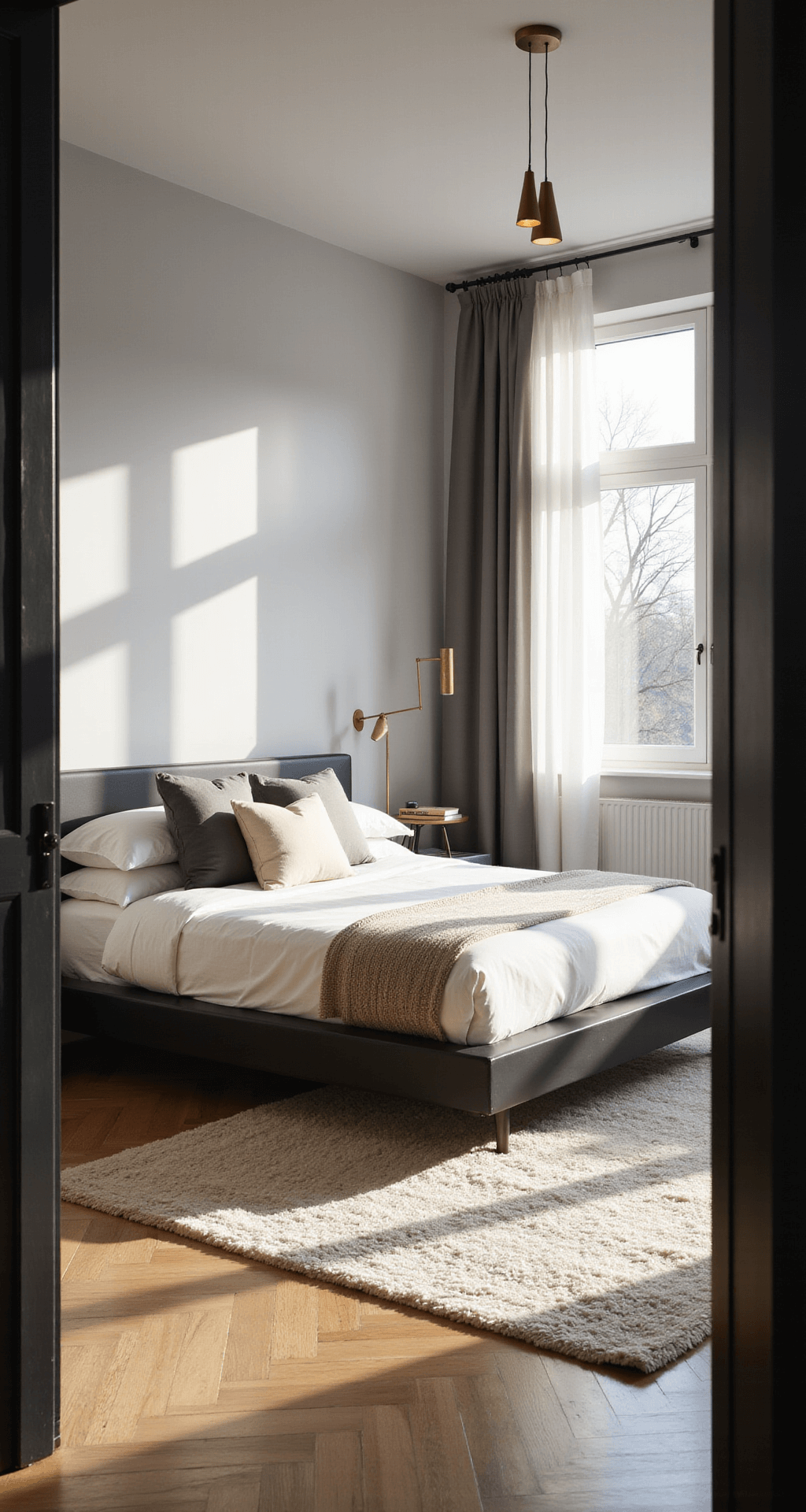 A modern 14x16ft bedroom with a low-profile black platform bed, white linens, and gray pillows, featuring floor-to-ceiling windows that flood the space with morning sunlight. Minimalist brass pendant lights hang above matching nightstands, while a plush ivory area rug and warm natural wood floors add softness and warmth.