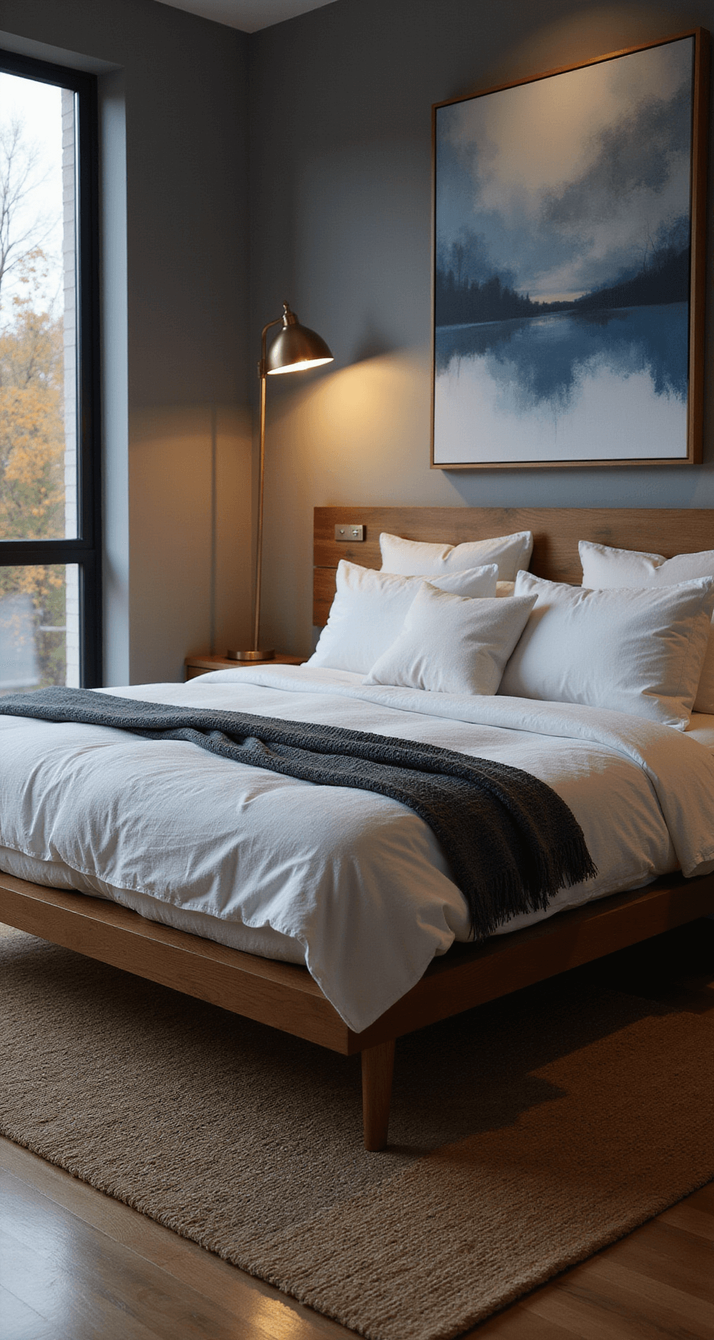 Cozy 12x12ft bedroom at dusk featuring a walnut platform bed with cloud-white bedding, a charcoal throw, and ambient lighting from a brushed brass floor lamp; large abstract canvas in blues and grays on the main wall, layered jute rug on oak flooring, captured at a 45-degree angle for depth.
