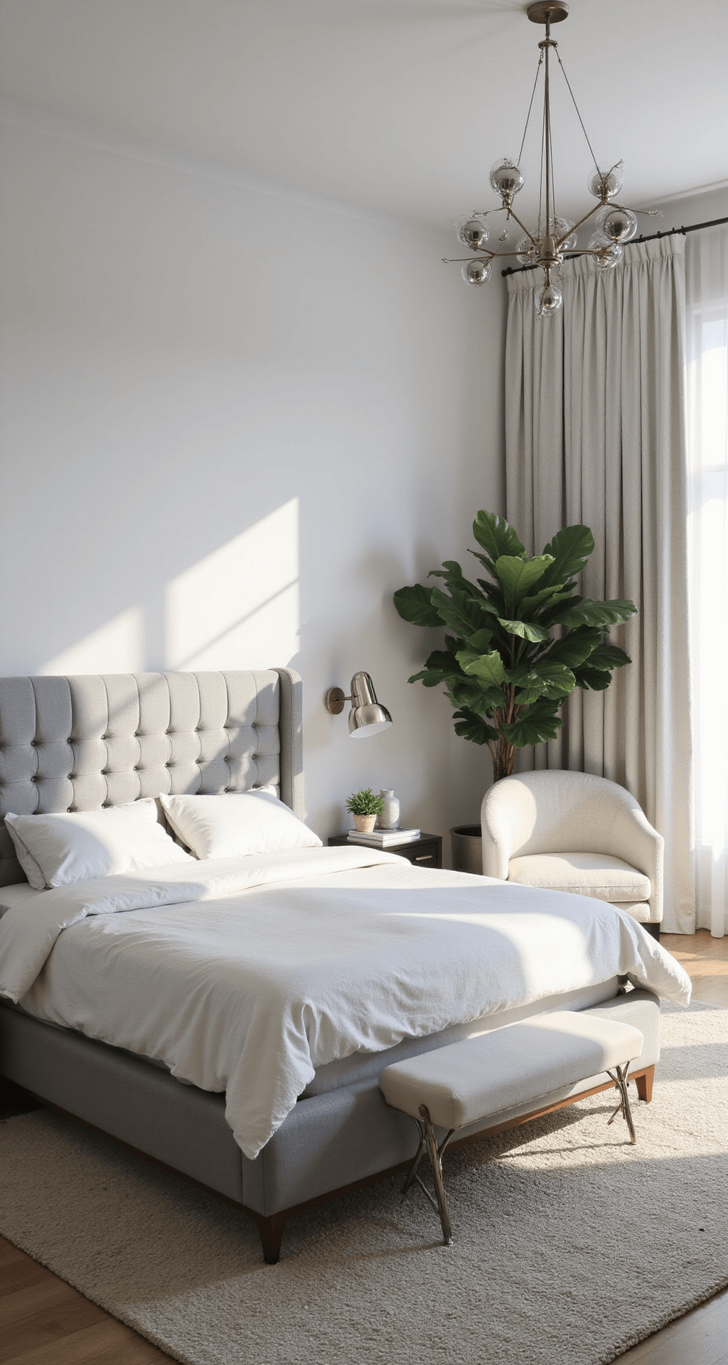 Sun-drenched master bedroom featuring a clean-lined king bed with a gray channel-tufted headboard, geometric chrome pendant lights, a cream bouclé accent chair in a reading nook, and a large monstera plant, all harmonized by textured white curtains and a cool-toned color palette. Shot from an elevated position, emphasizing spatial flow and layered textures.