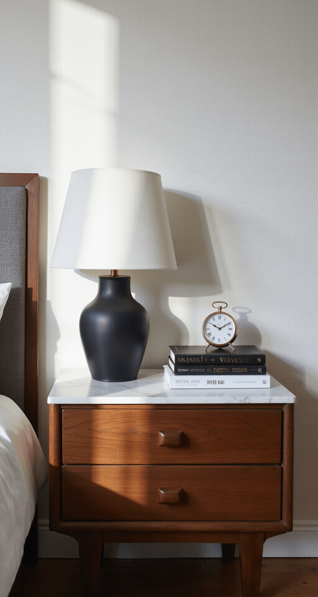 Intimate bedroom scene featuring a mid-century modern walnut nightstand with a white marble top, an artisanal matte black ceramic lamp, a stack of design books, and a minimal brass clock against a textured white wall, illuminated by soft morning light.