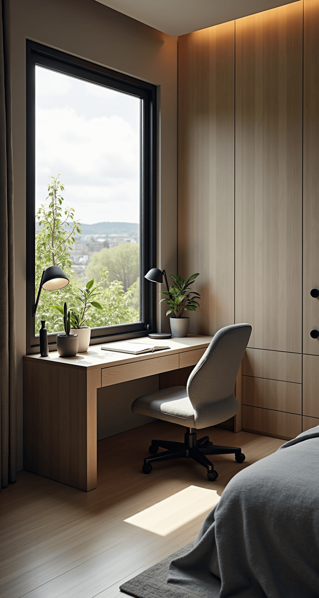 Modern bedroom workspace corner featuring a floating bleached oak desk, gray bouclé ergonomic chair, minimal black task lamp, and curated accessories. A large black-framed window allows dramatic afternoon light to illuminate the space, while trailing plants provide organic movement, all captured with a wide-angle lens for an intimate composition.