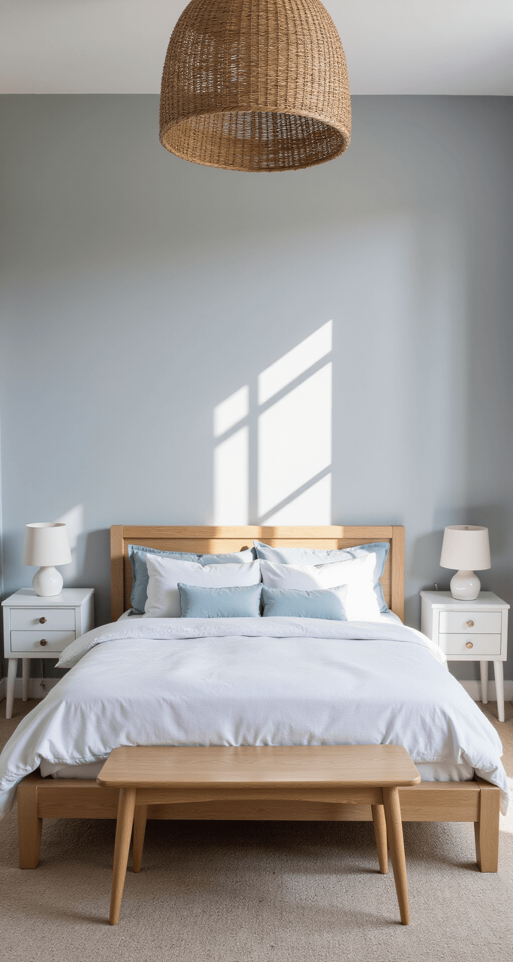 Bright Scandinavian-inspired bedroom featuring a light oak bed frame with white linens and pale blue accents, alongside minimal white nightstands and ceramic lamps. A rattan pendant light casts shadows in the pale gray space, with a Swedish-style bench at the foot of the bed, all enhanced by natural lighting for a clean, airy atmosphere.