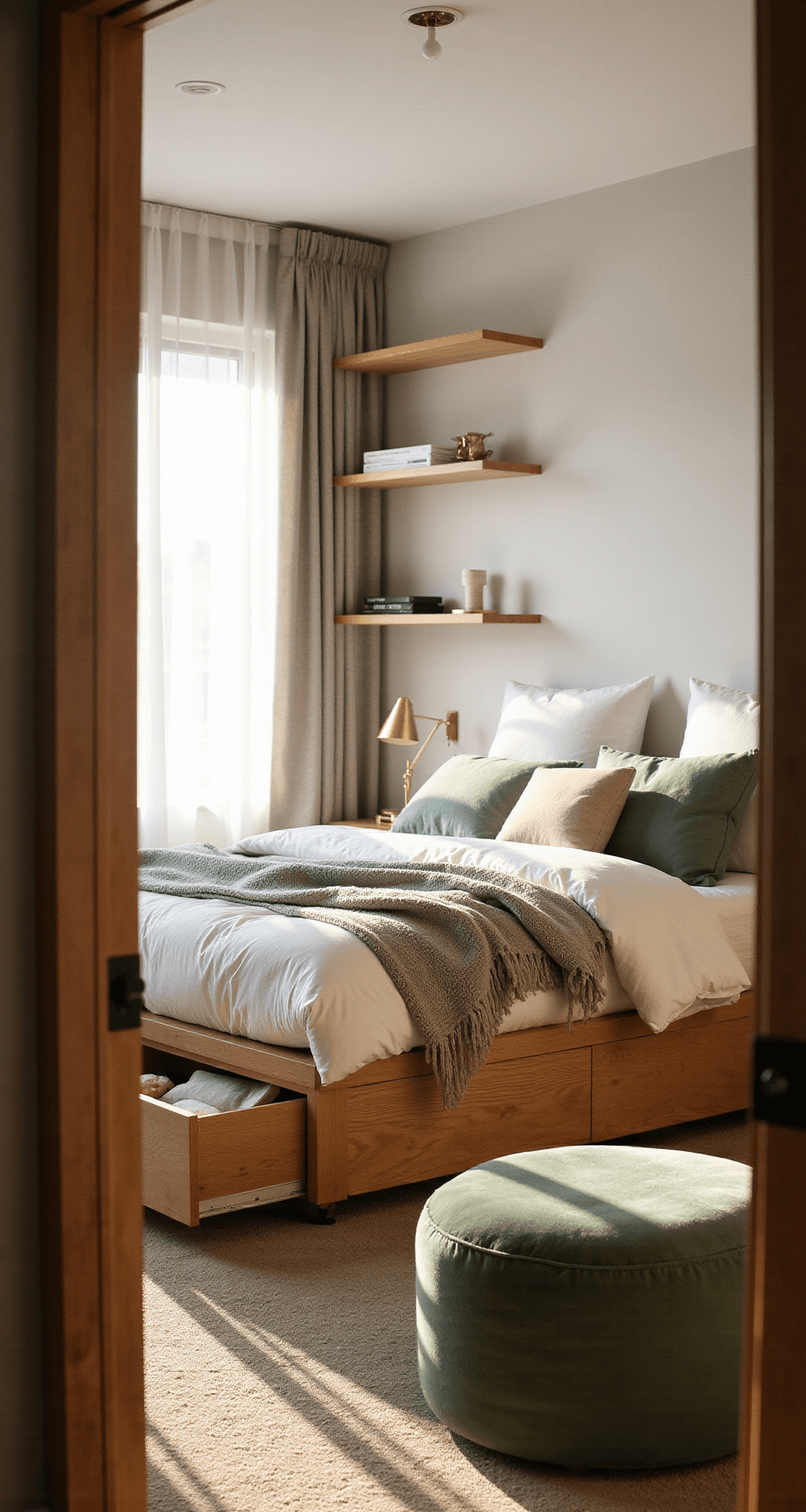 A cozy 12x14ft bedroom filled with golden hour sunlight, featuring a corner queen bed in light oak with cloud-white linens and sage green accents, flanked by minimalist brass sconces on floating shelves. A compact velvet ottoman at the foot of the bed adds storage, all set against a neutral palette with earthy tones and sheer white curtains filtering soft light.