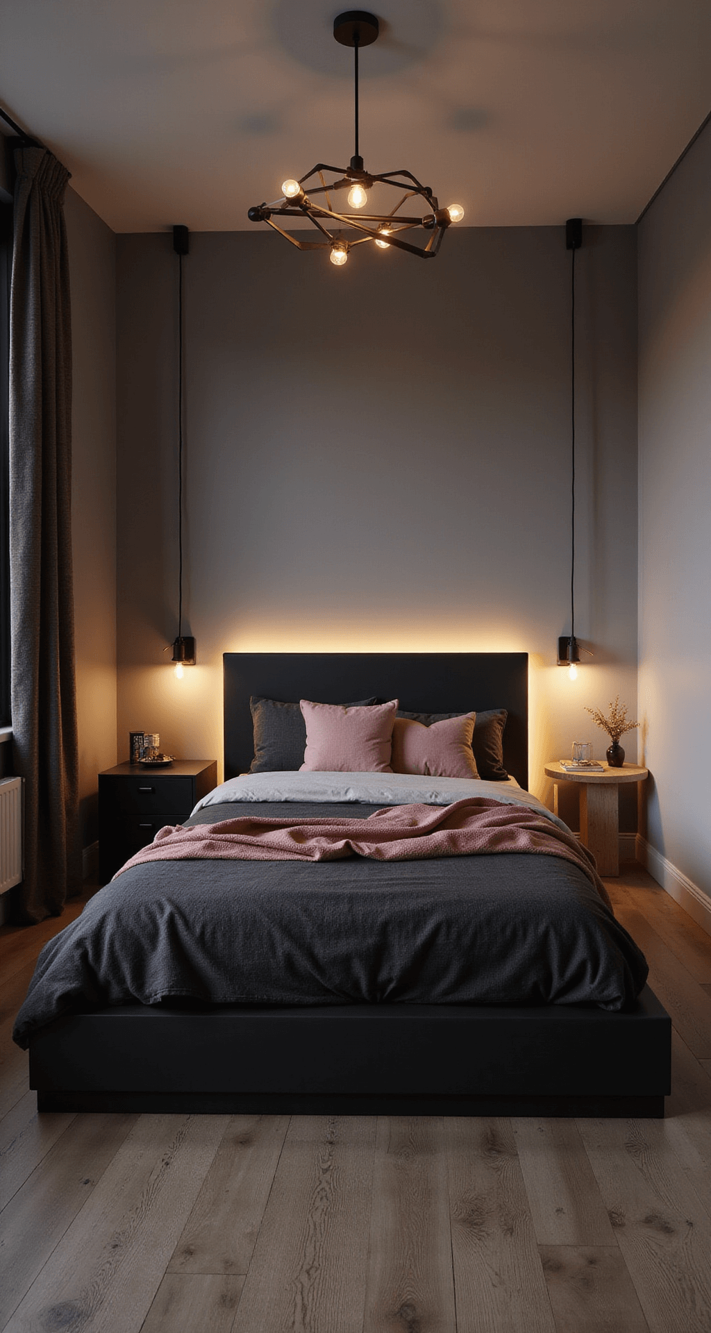 Intimate bedroom at dusk featuring a modern matte black platform bed with charcoal linen and blush pink throws, illuminated by warm LED strip lights and a dramatic overhead pendant. Wall-mounted swing-arm reading lights enhance the design, with copper accents and ambient lighting creating a cozy atmosphere. Shot from a low angle to highlight the vertical space.