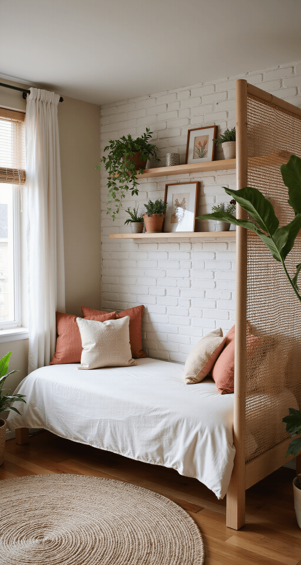 Cozy 11x13ft bedroom at morning twilight with a clever daybed arrangement, white-painted brick accent wall with floating shelves and trailing plants, rattan room divider, elevated view showcasing space-saving layout, soft cream and terracotta palette with touches of emerald green.