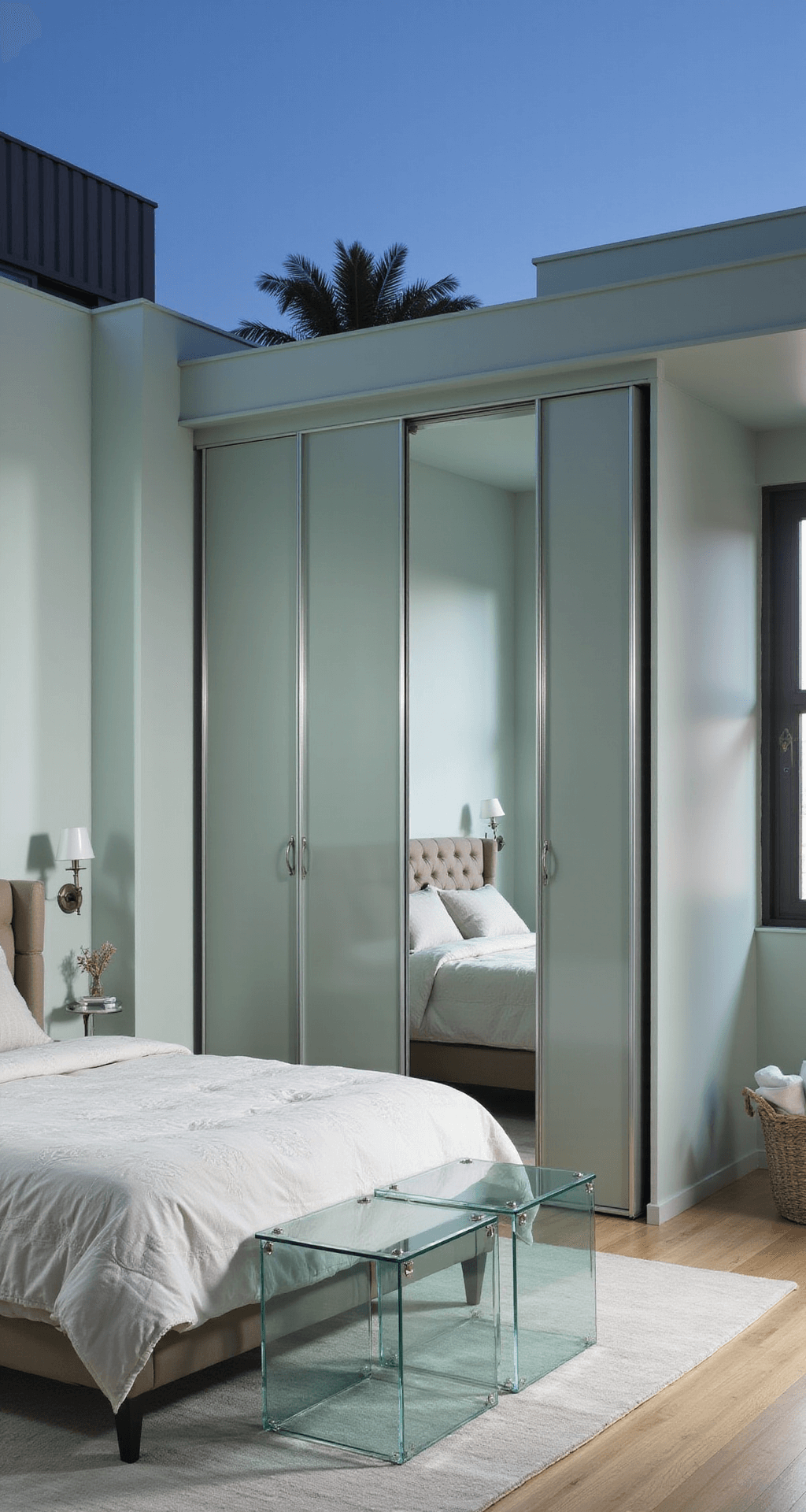 Compact bedroom with pale sage wardrobes flanking a tufted queen bed, featuring mirrored sliding doors and lucite nesting tables, captured during blue hour in a seafoam palette with silver accents.
