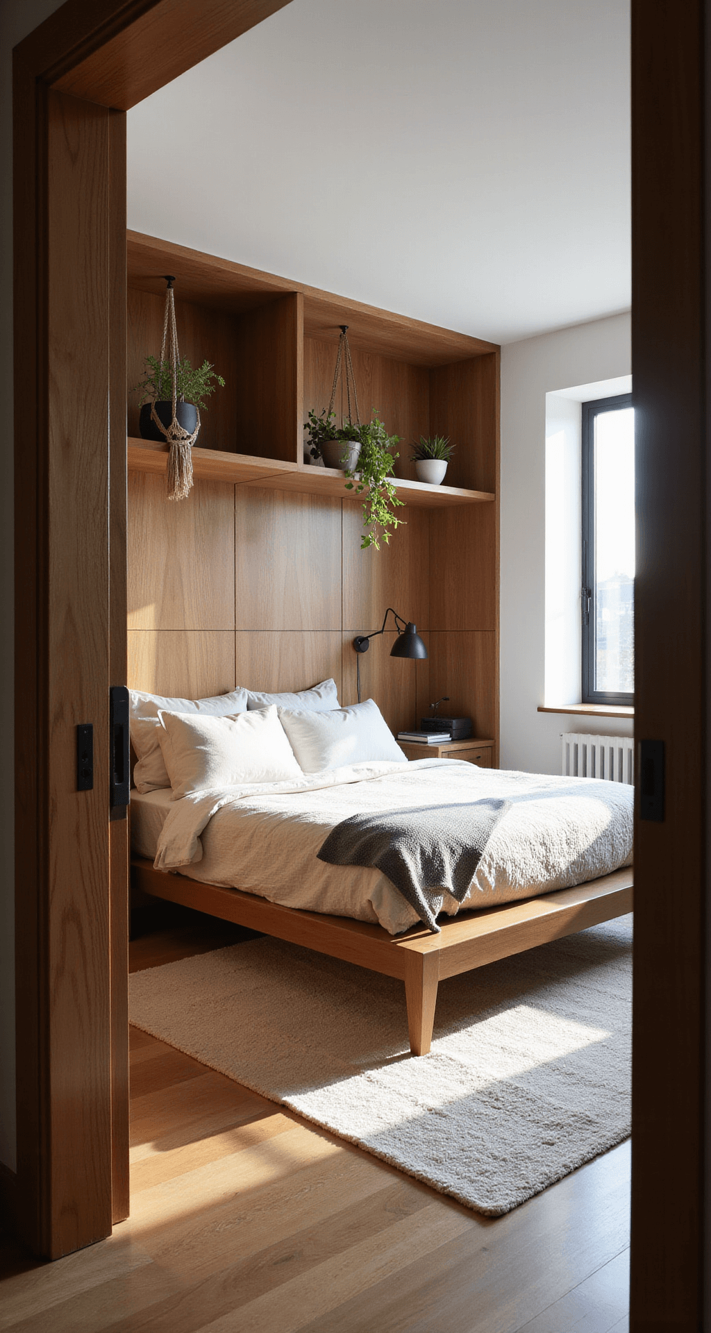 Sun-drenched bedroom with a statement walnut storage wall, modern low-profile bed in textured oatmeal and ivory linens, and macramé plant holders, captured from the doorway with a wide-angle lens.