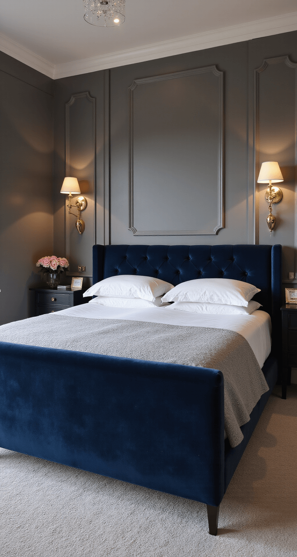 A sophisticated 11x14ft bedroom at sunset featuring a deep navy velvet upholstered bed frame, ambient wall sconces, a floating drawer unit as a vanity/desk, and a color palette of navy, brass, and white, captured from a corner angle to highlight the spacious layout.